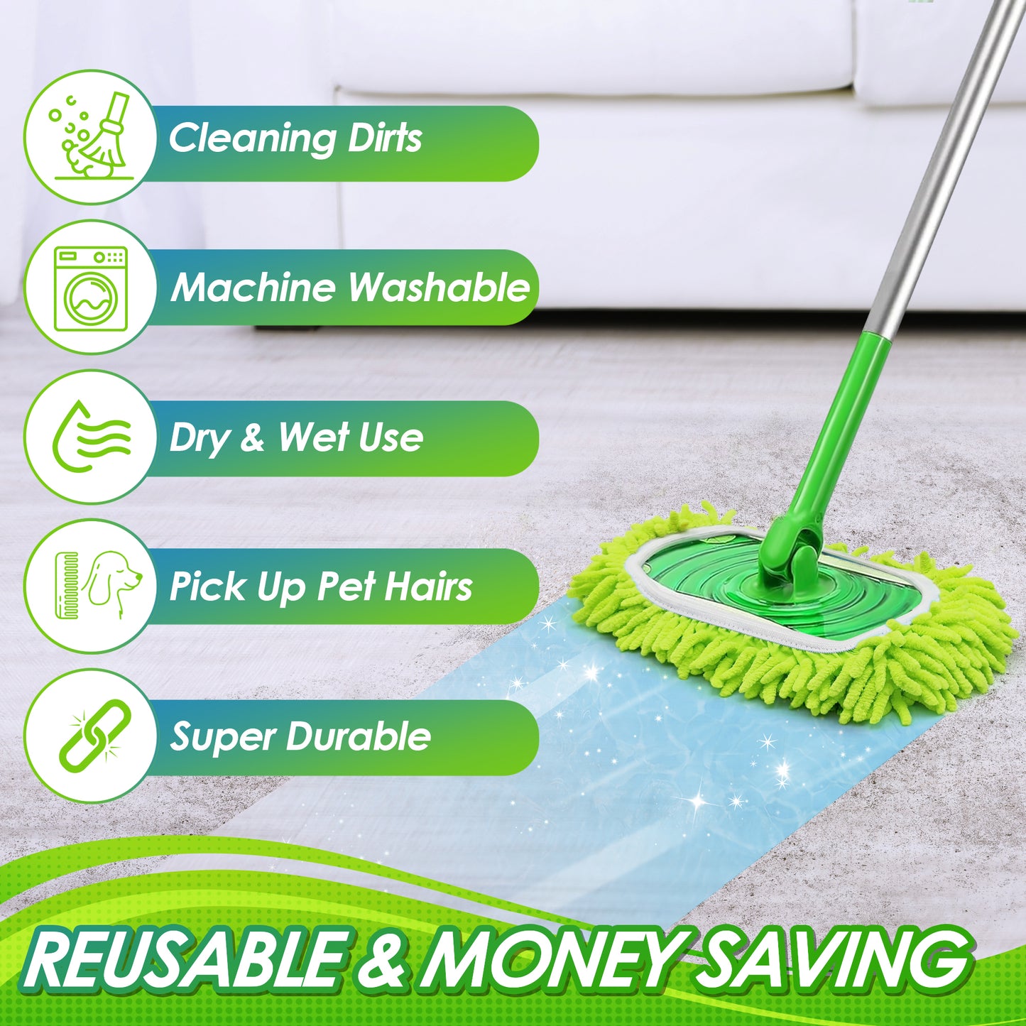 Reusable Microfiber Mop Pads Compatible with Swiffer Sweeper, 4 Pack Dry Sweeping Cloths Cover, Washable Wet Refills for Hardwood Tile Floor Cleaning (Only Replacement Accessories)
