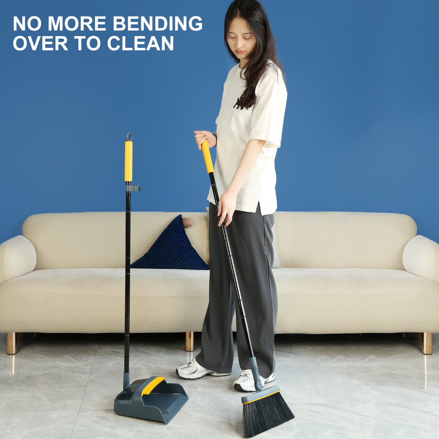 JEHONN 54 inches Long Handle Broom and Dustpan Set, Upright Dust Pans Outdoor for Home (Dark Blue)