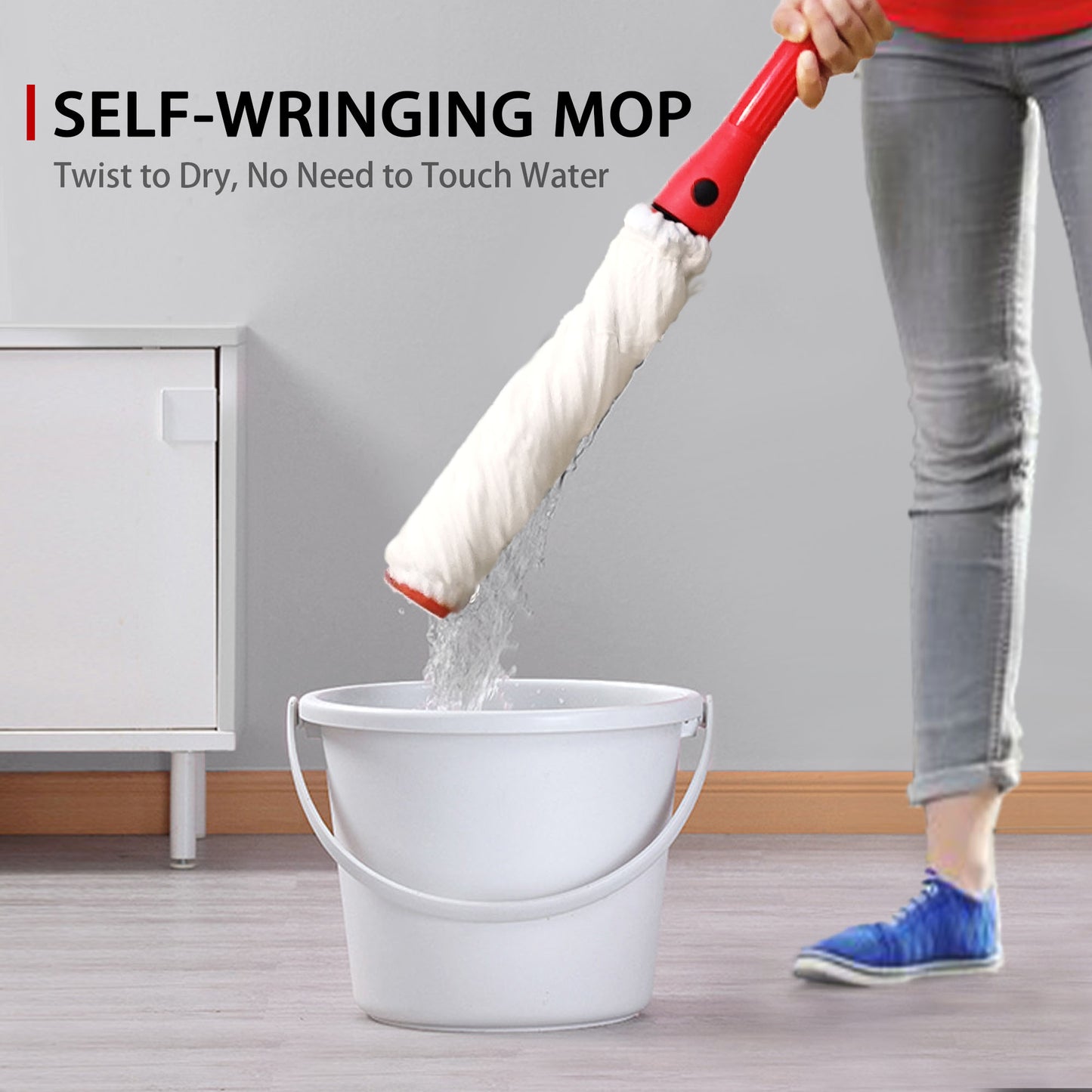 JEHONN Self Wringing Mop Long Handle with 2 Washable Heads, Wet Mop for Tile Hardwood Floor Cleaning (Red)