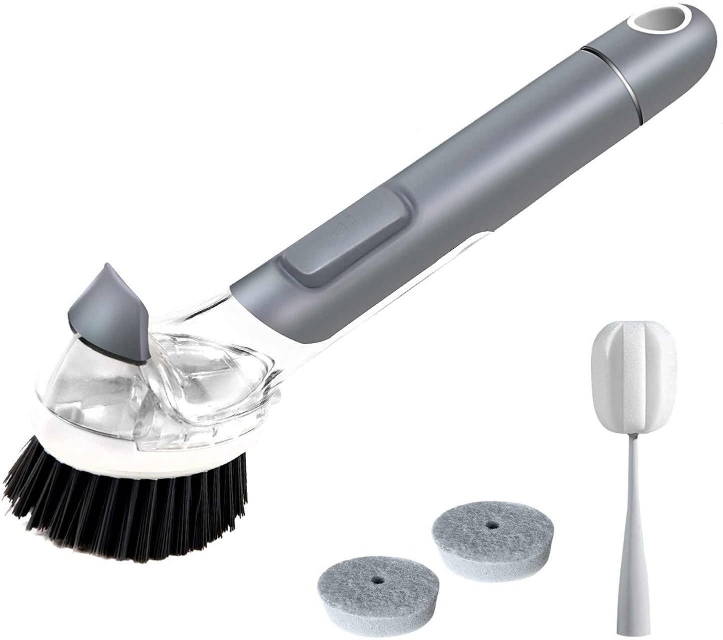JEHONN Dish Brush with Handle, Dish Scrubber with Soap Dispenser Kitchen Brush for Pot Pan Sink and 2 Sponge Refill