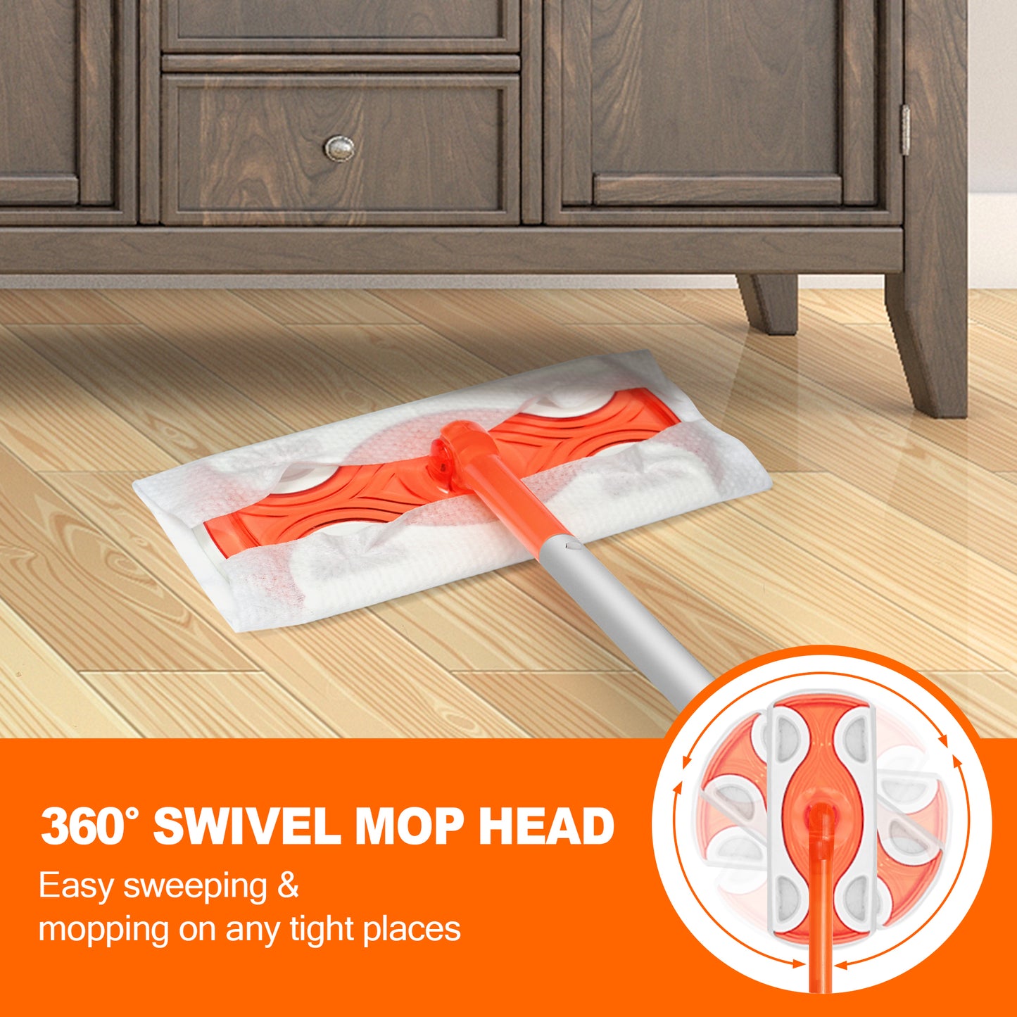 JEHONN Sweeper Mop with 20 Pcs Cloths, 2-in-1 Starter Kit for Multi Surface Cleaning (Orange)