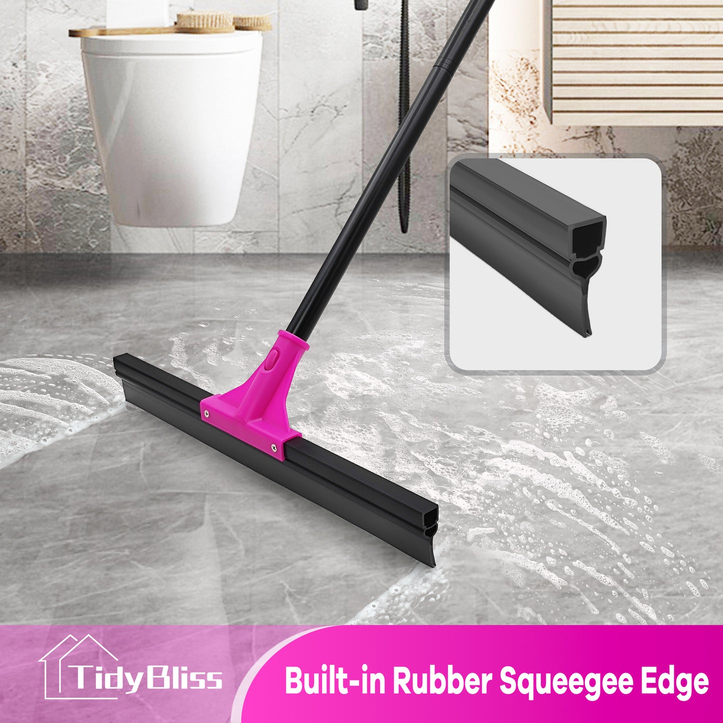 TidyBliss Floor Squeegee Broom with 58.3 inches Long Handle (Rose Red)