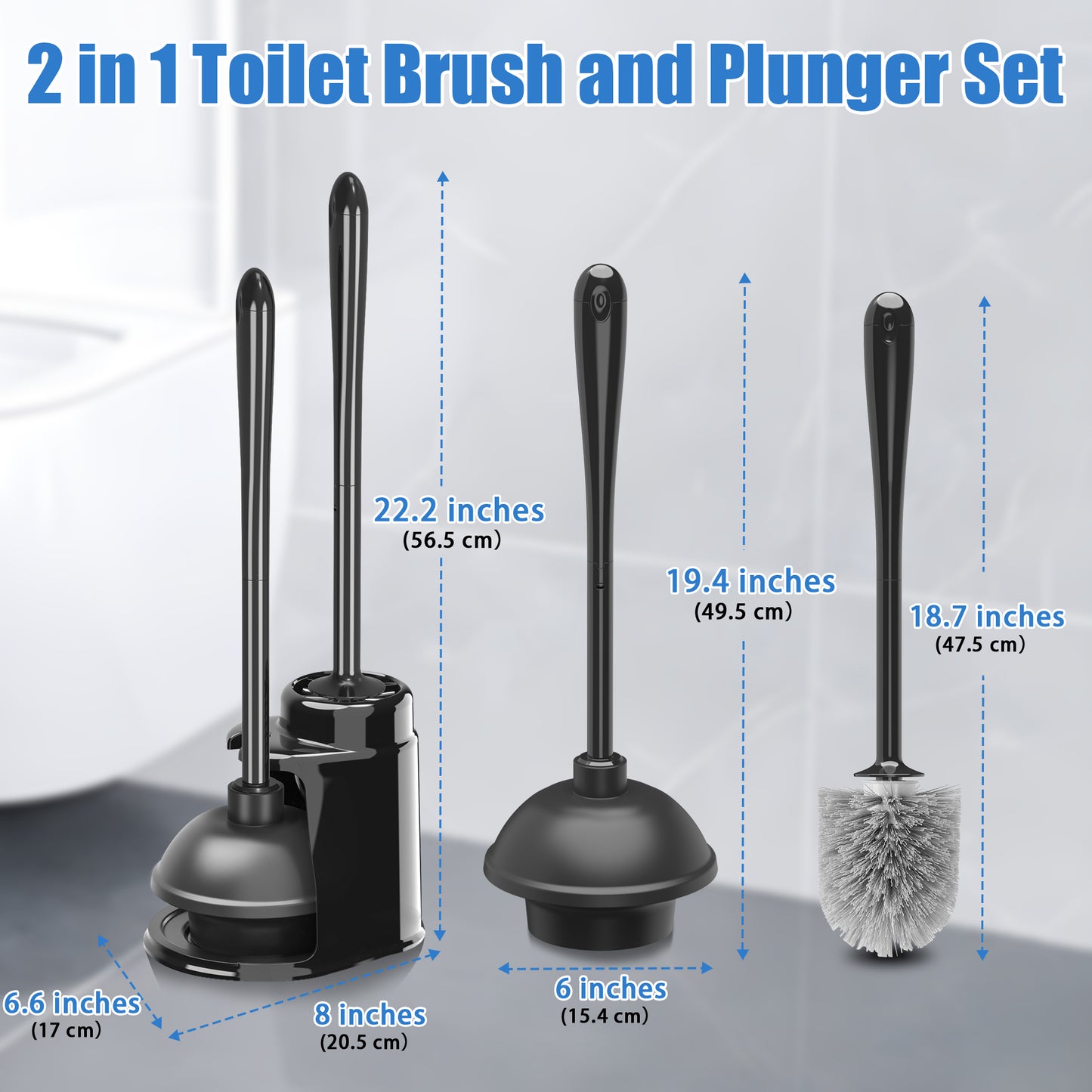 JEHONN Toilet Plunger and Brush Set Black with Holder and Hidden Tweezers