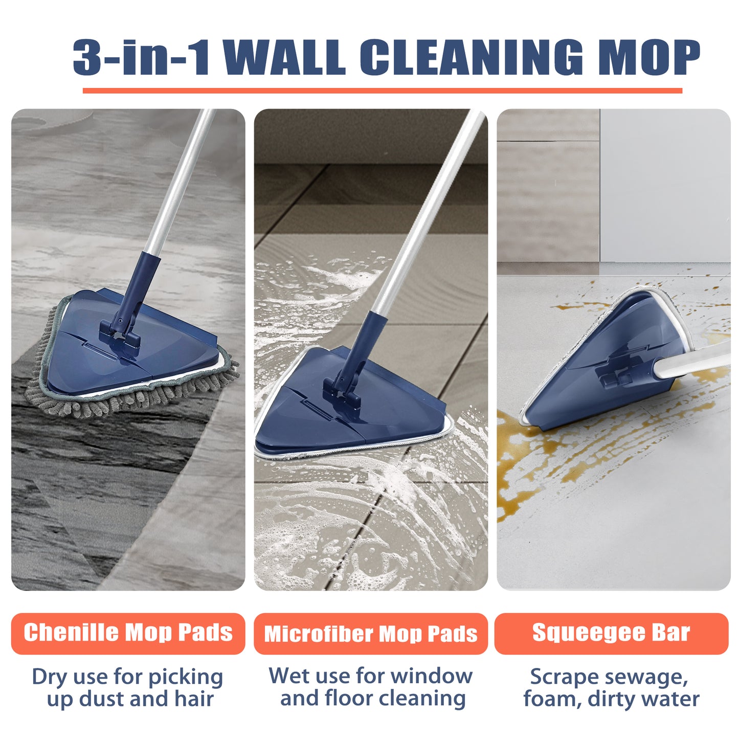 JEHONN Triangle Wall Mop Dusters with 6 Replacement Microfiber Chenille Pads (Blue)