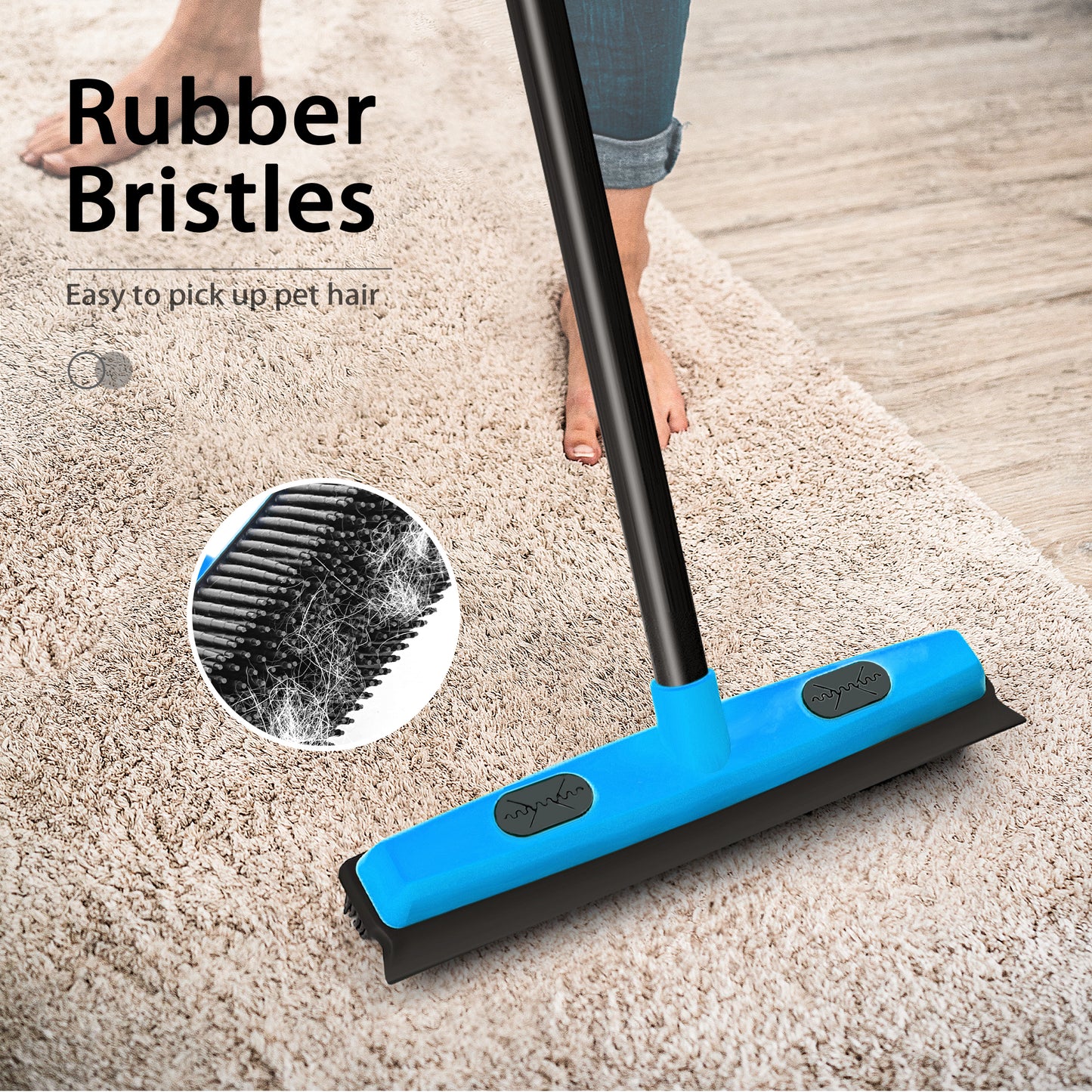 JEHONN Rubber Broom Carpet Rake Brush for Pet Hair with Squeegee (Blue)