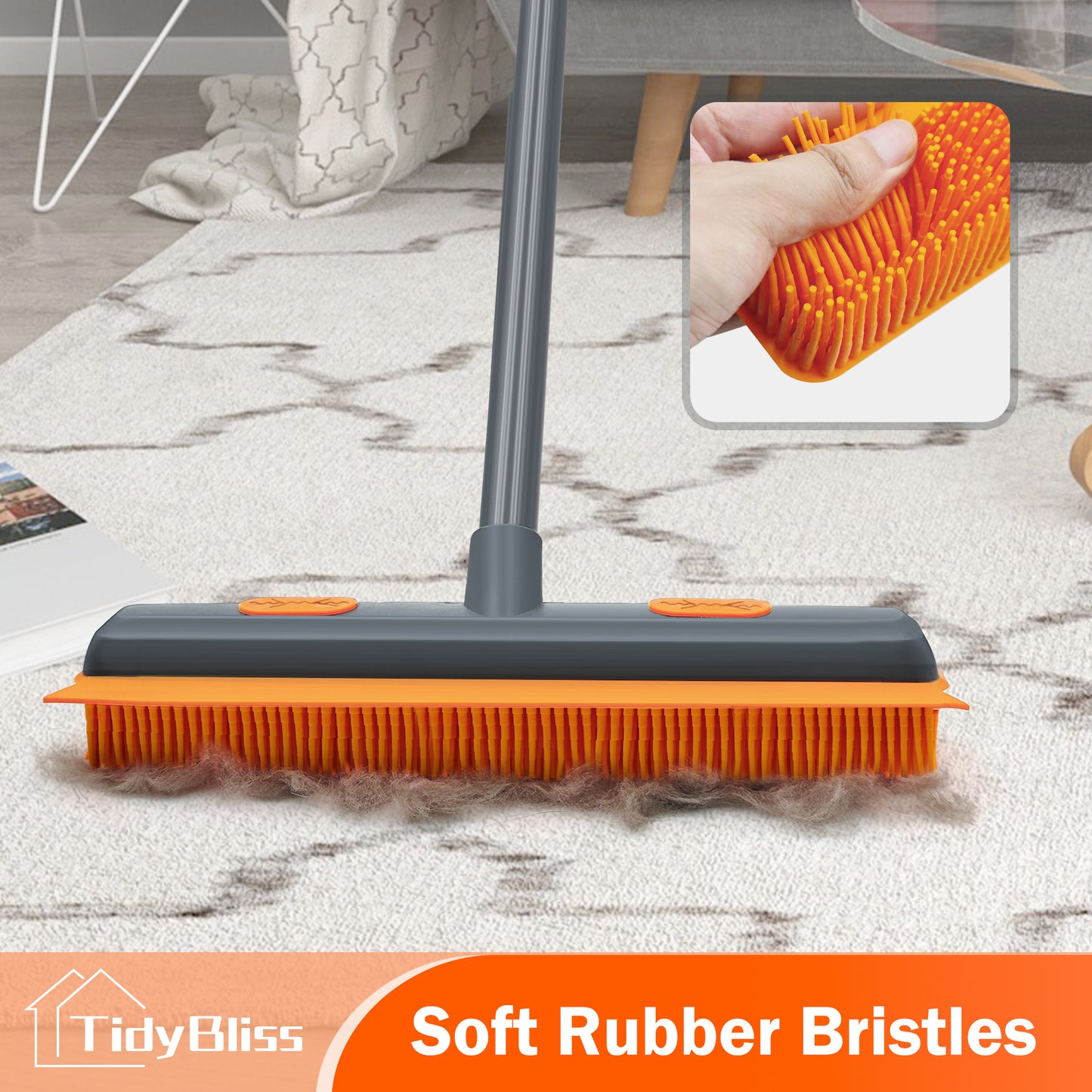 TidyBliss Pet Hair Removal Broom with Rubber Squeegee (Gray Orange)