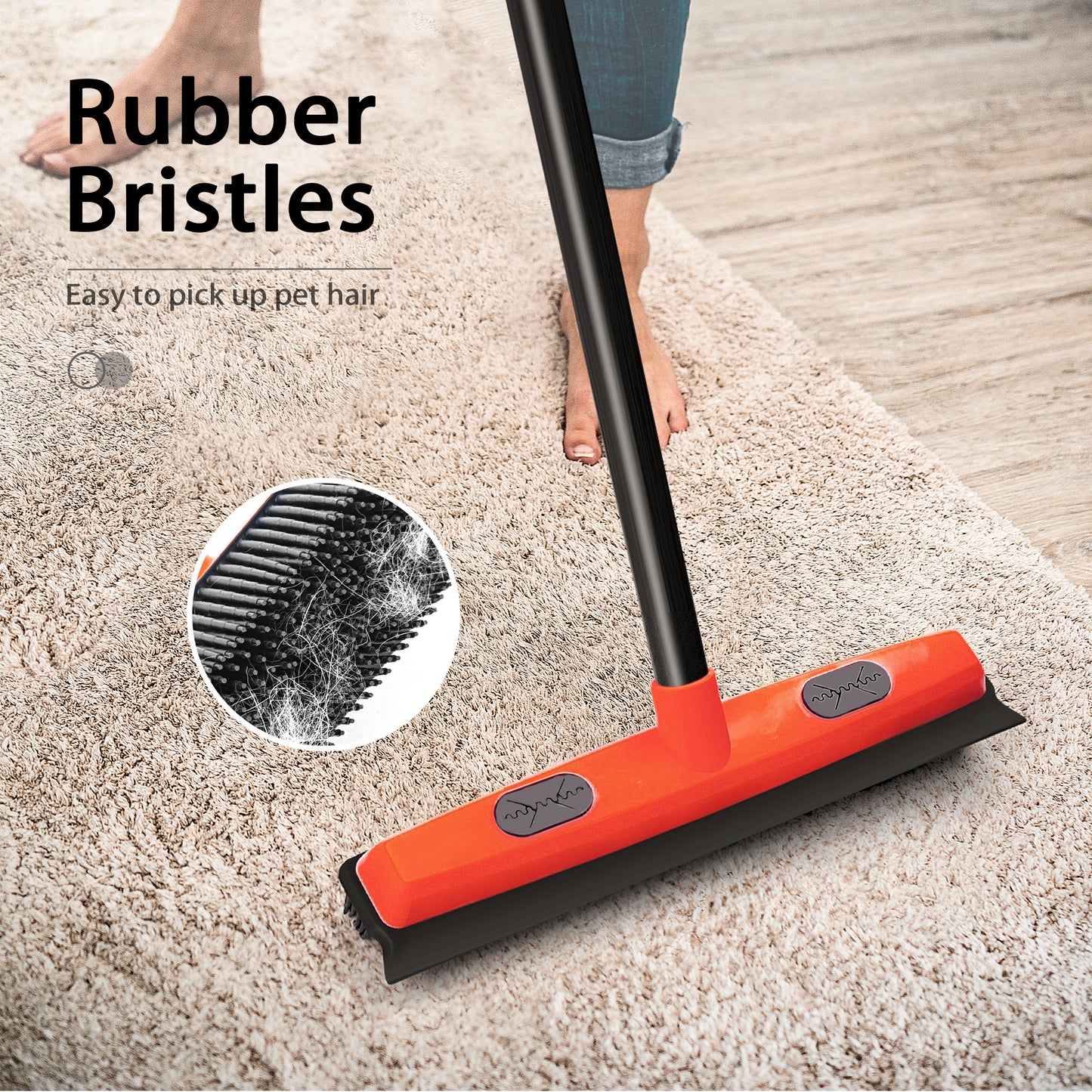 JEHONN Rubber Broom Carpet Rake Brush for Pet Hair with Squeegee (Red)