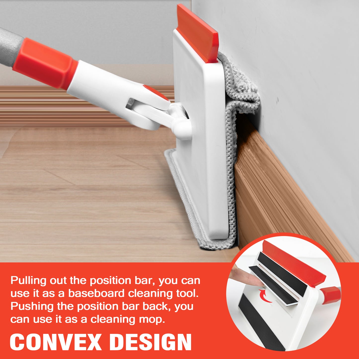 JEHONN Wall & Baseboard Cleaner Mop Tool with 4 Reusable Pads Red