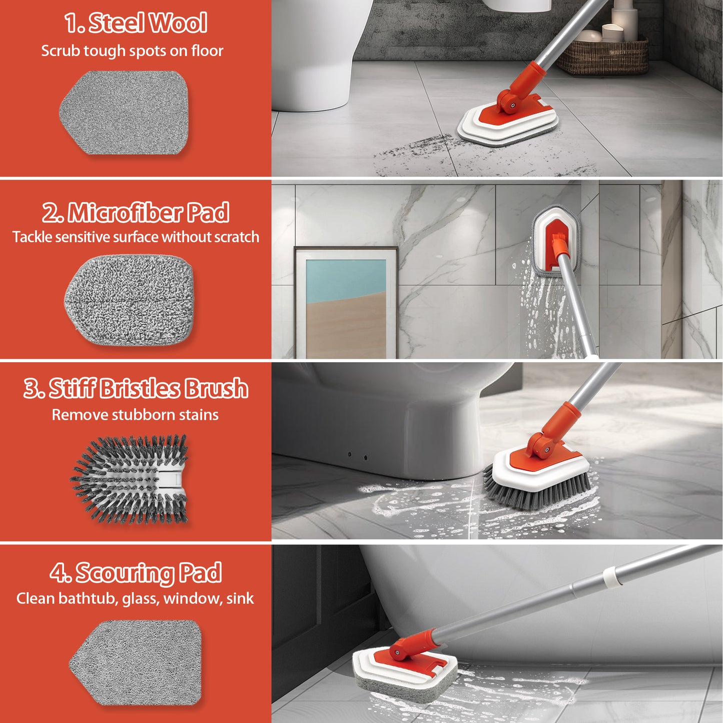 JEHONN Tub Tile Scrubber Brush with Long Handle (Red)