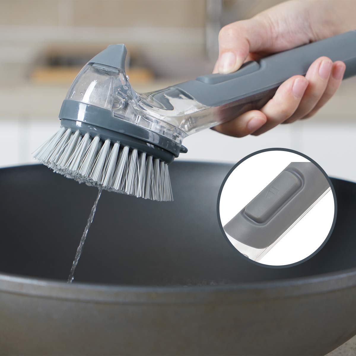 JEHONN Dish Brush with Handle, Dish Scrubber with Soap Dispenser Kitchen Brush for Pot Pan Sink and 2 Sponge Refill