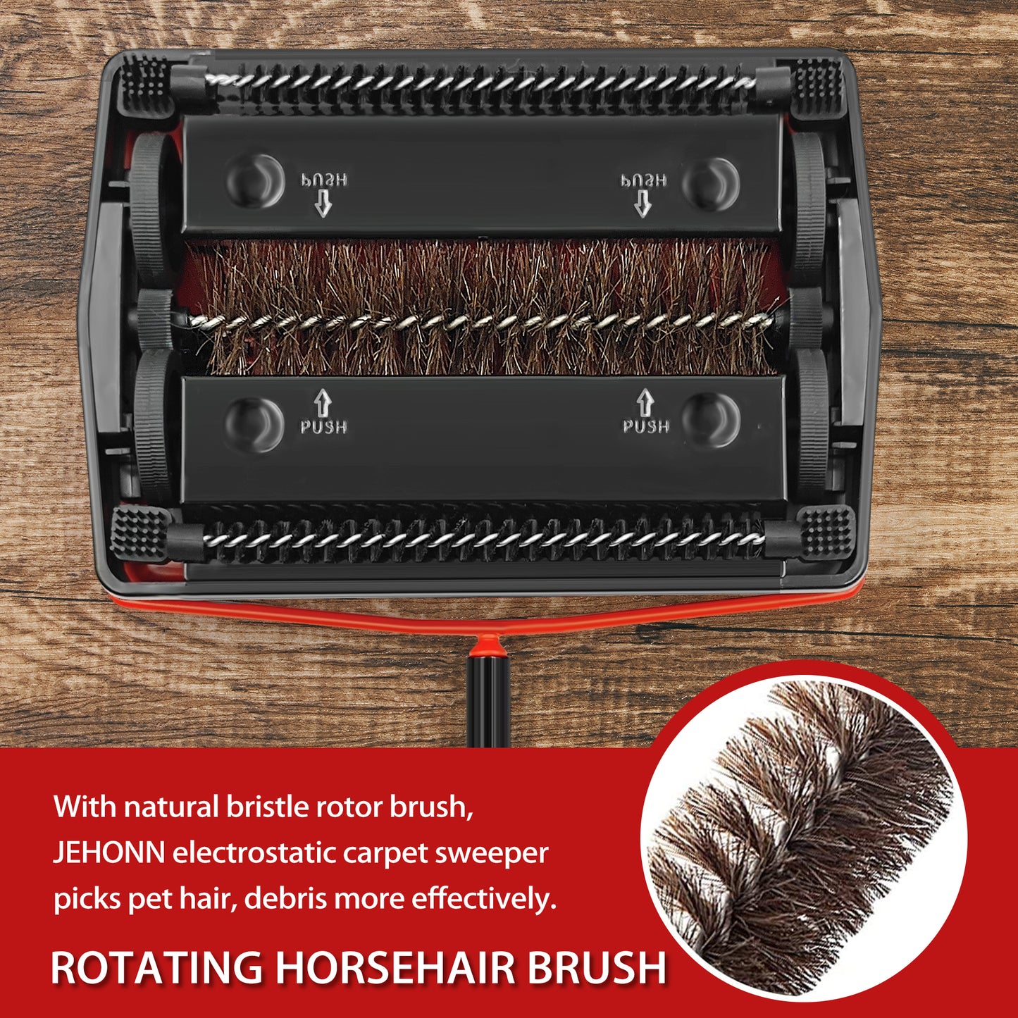 JEHONN Carpet Floor Sweeper with Horsehair Brush, Adjustable Handle, Red, Non-Electric, Manual
