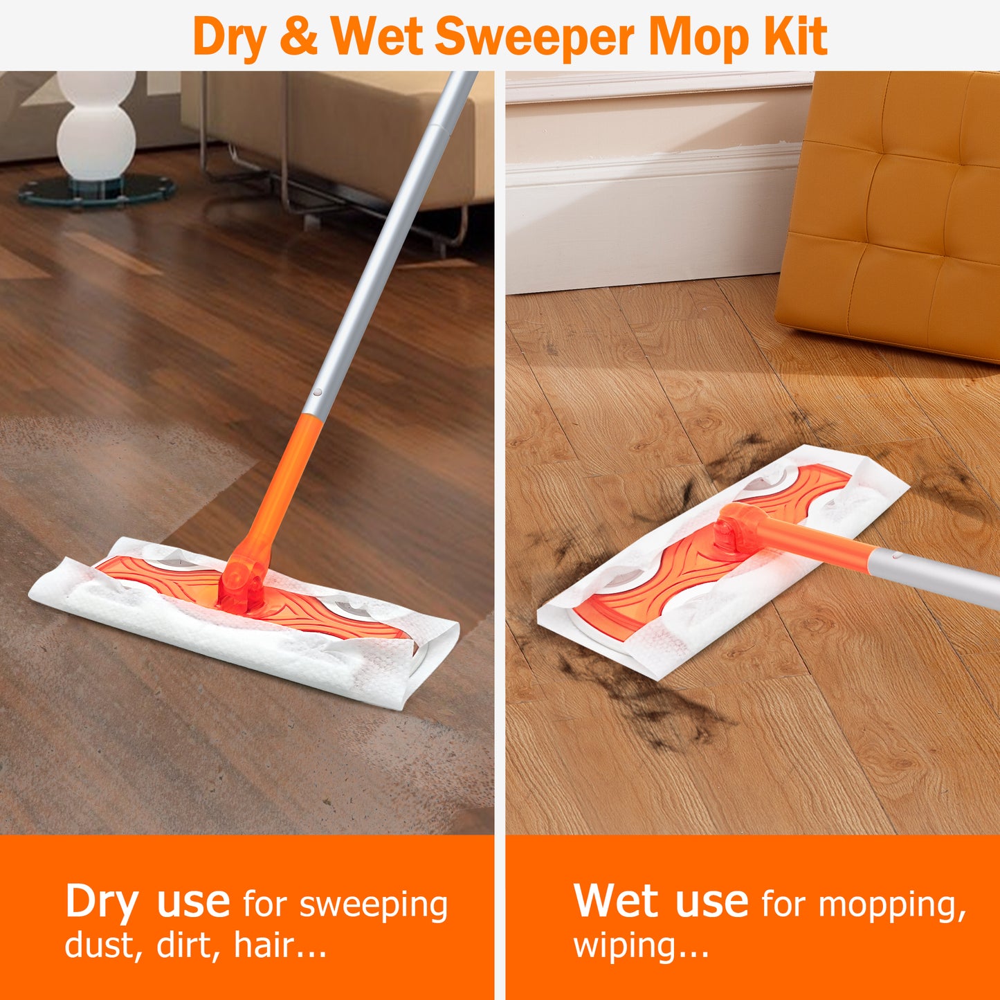 JEHONN Sweeper Mop with 20 Pcs Cloths, 2-in-1 Starter Kit for Multi Surface Cleaning (Orange)