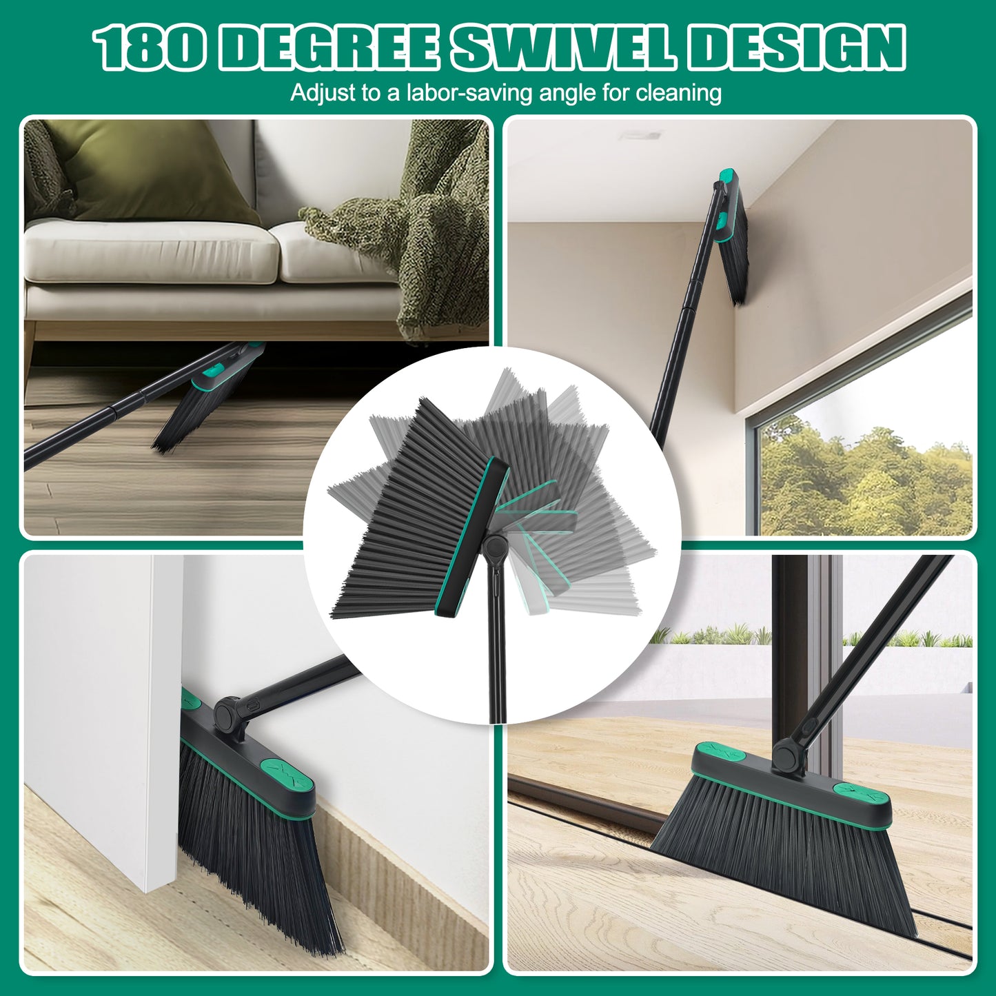 JEHONN Dustpan and Broom Set with 53.5 inches Long Handle Transparent Cover Green