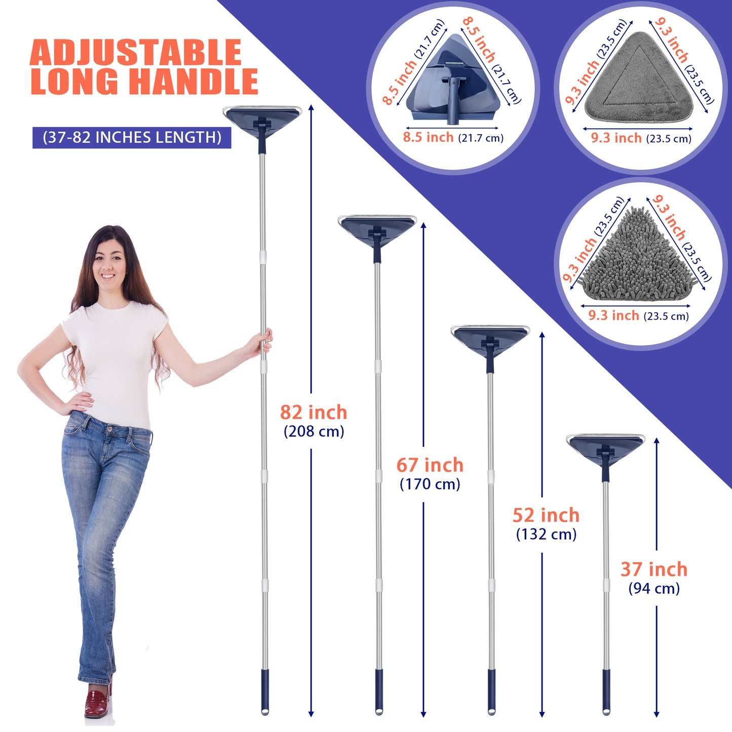 JEHONN Triangle Wall Mop Dusters with 6 Replacement Microfiber Chenille Pads (Blue)