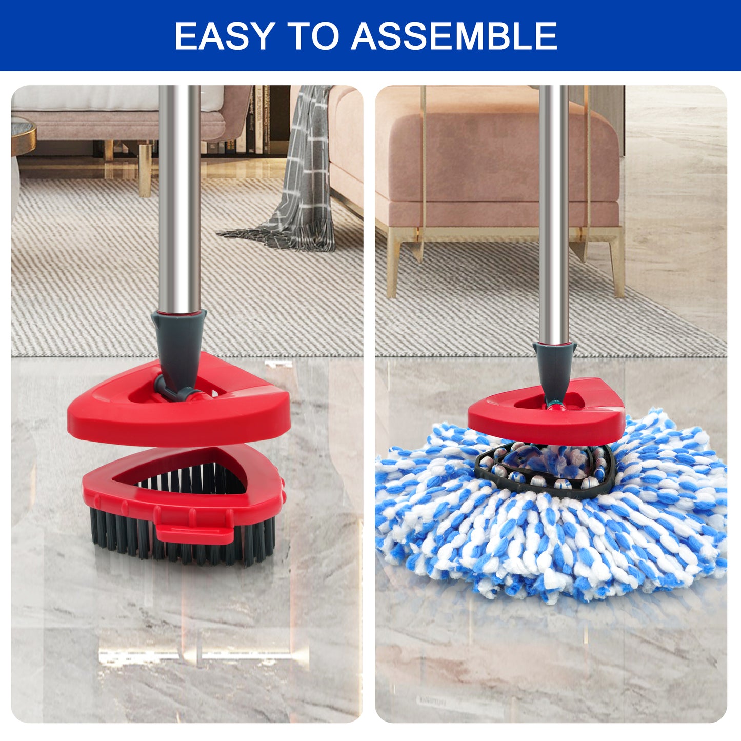 JEHONN Spin Mop Replacement Heads 2 Packs with Triangle Base and 1 Scrub Brush (Blue)