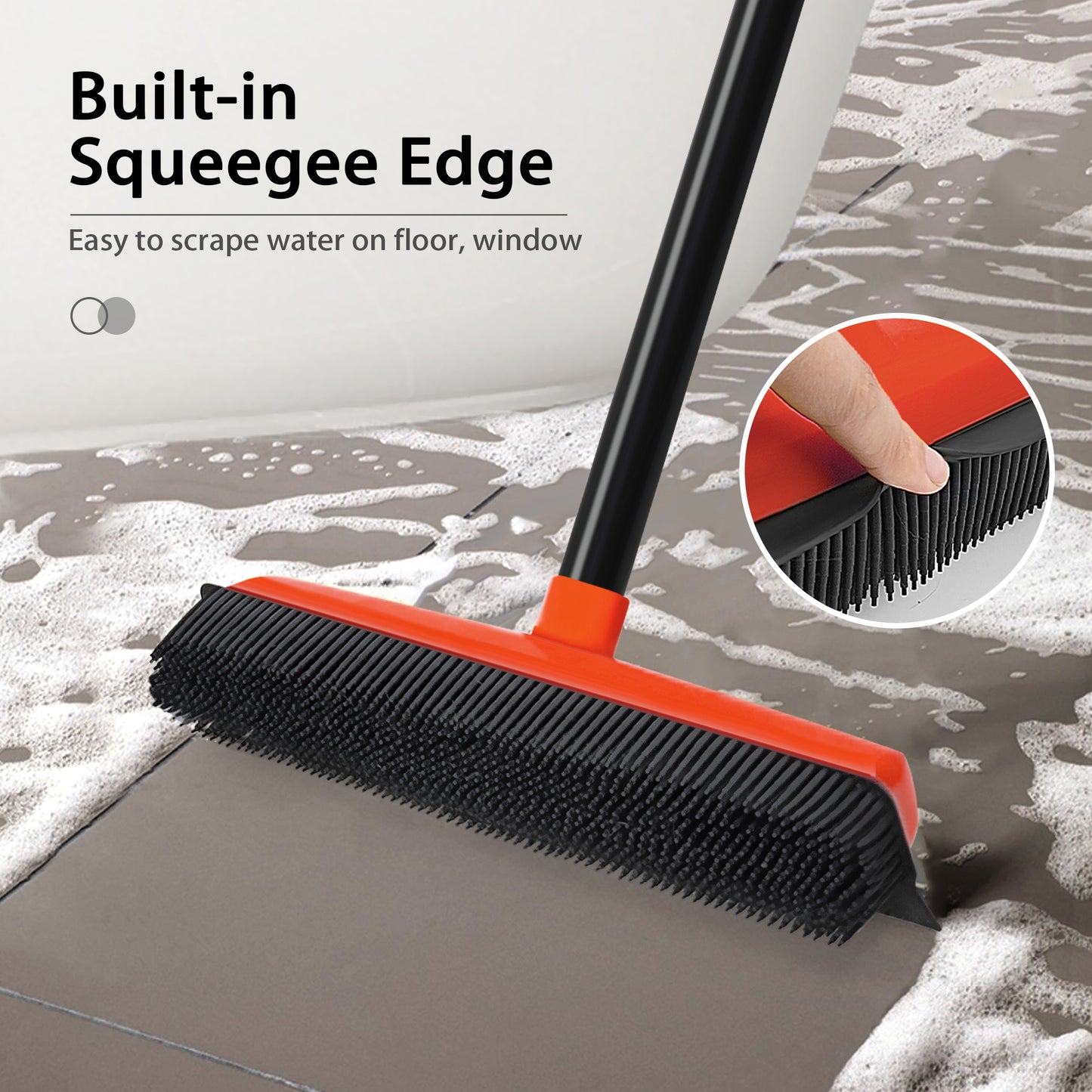 JEHONN Rubber Broom Carpet Rake Brush for Pet Hair with Squeegee (Red)