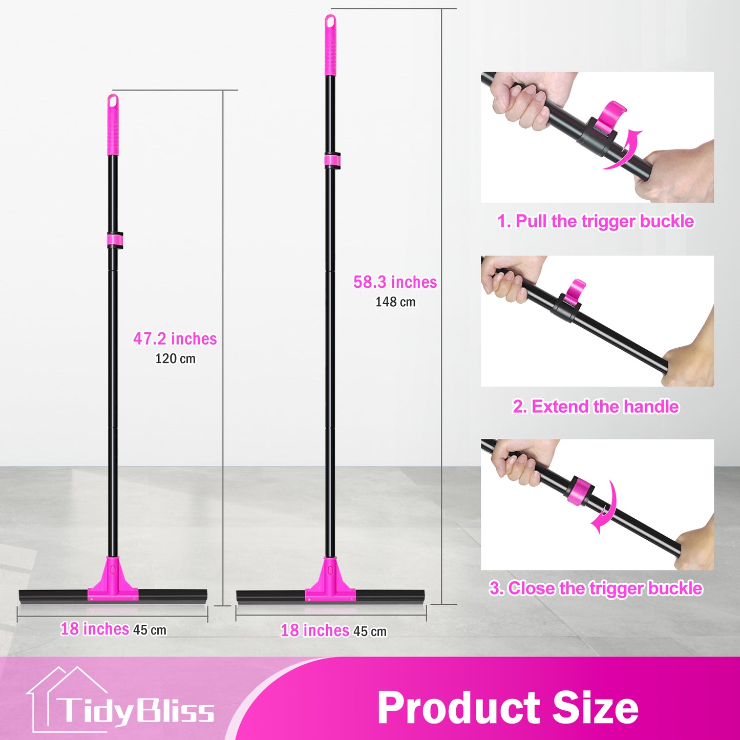 TidyBliss Floor Squeegee Broom with 58.3 inches Long Handle (Rose Red)