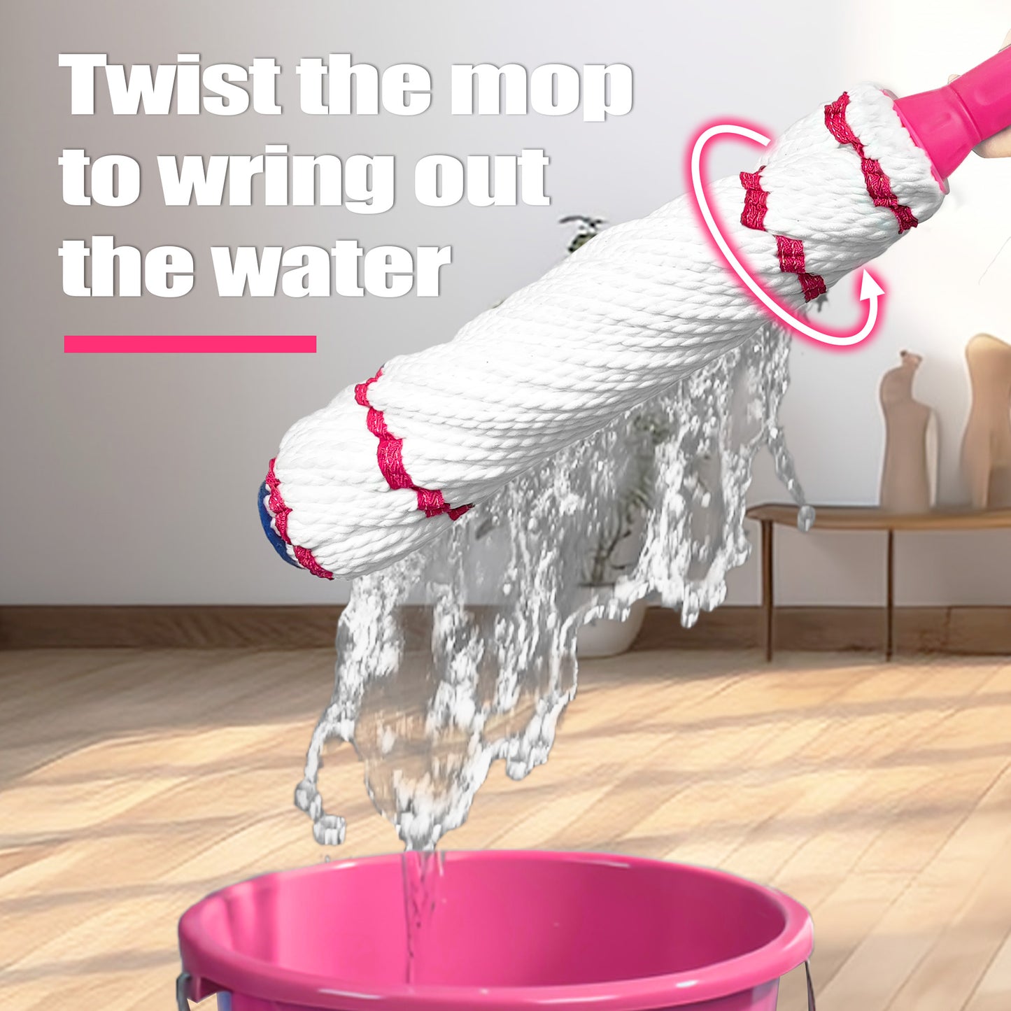 NEWE Self Wringing Twist Mop 55 inches Long Handle Rose Red