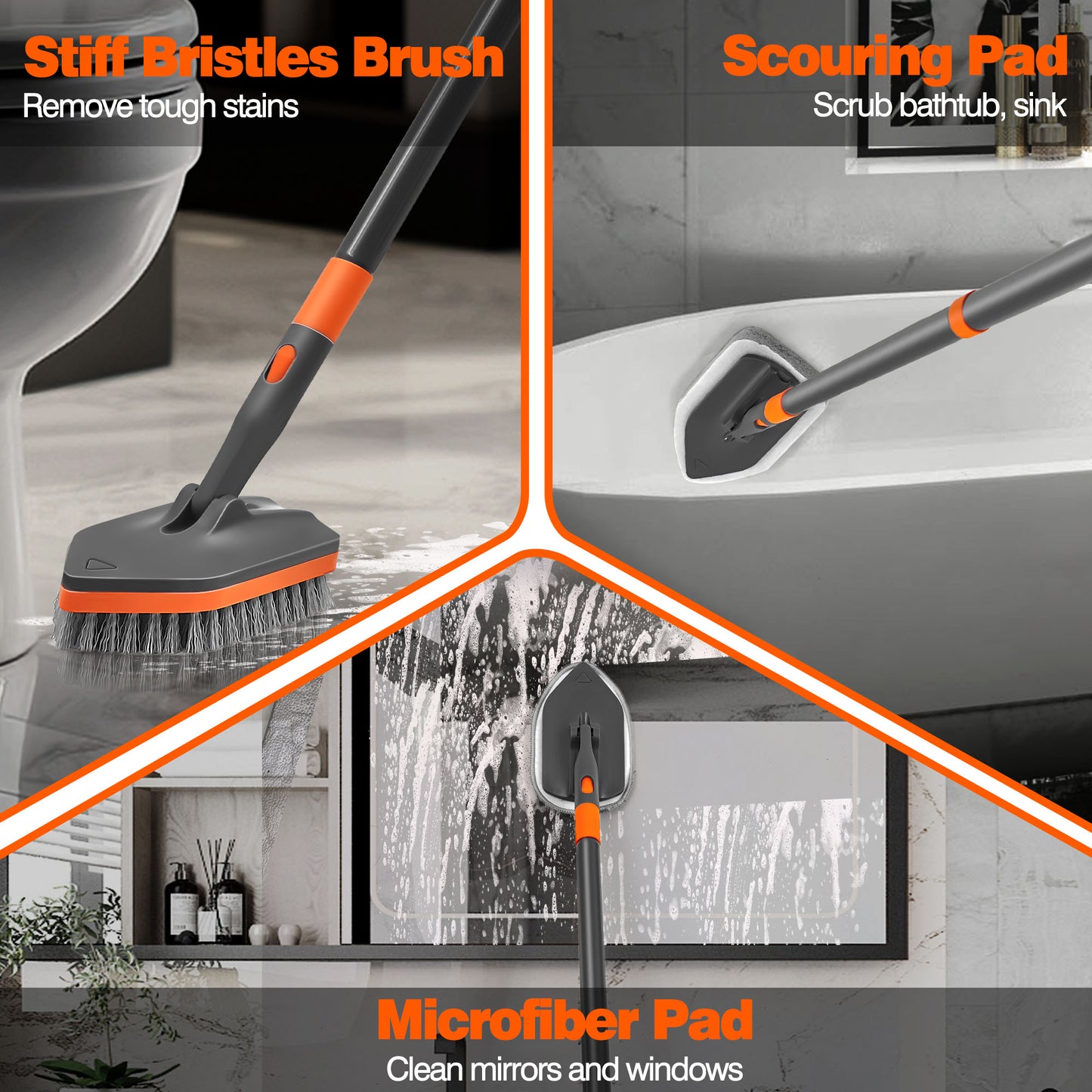 Shower Cleaner Brush with 56 inches Long Handle (Grey Orange)