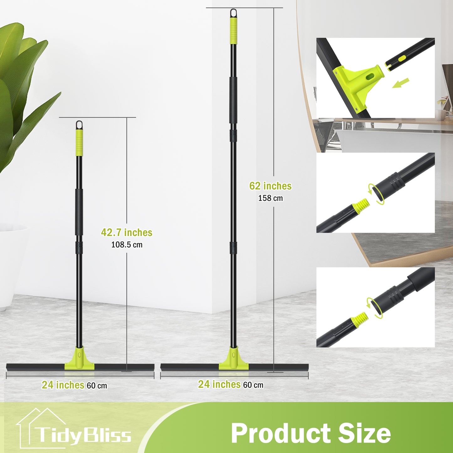TidyBliss Floor Squeegee Heavy Duty, 24” Rubber Water Scraper Broom (Green)