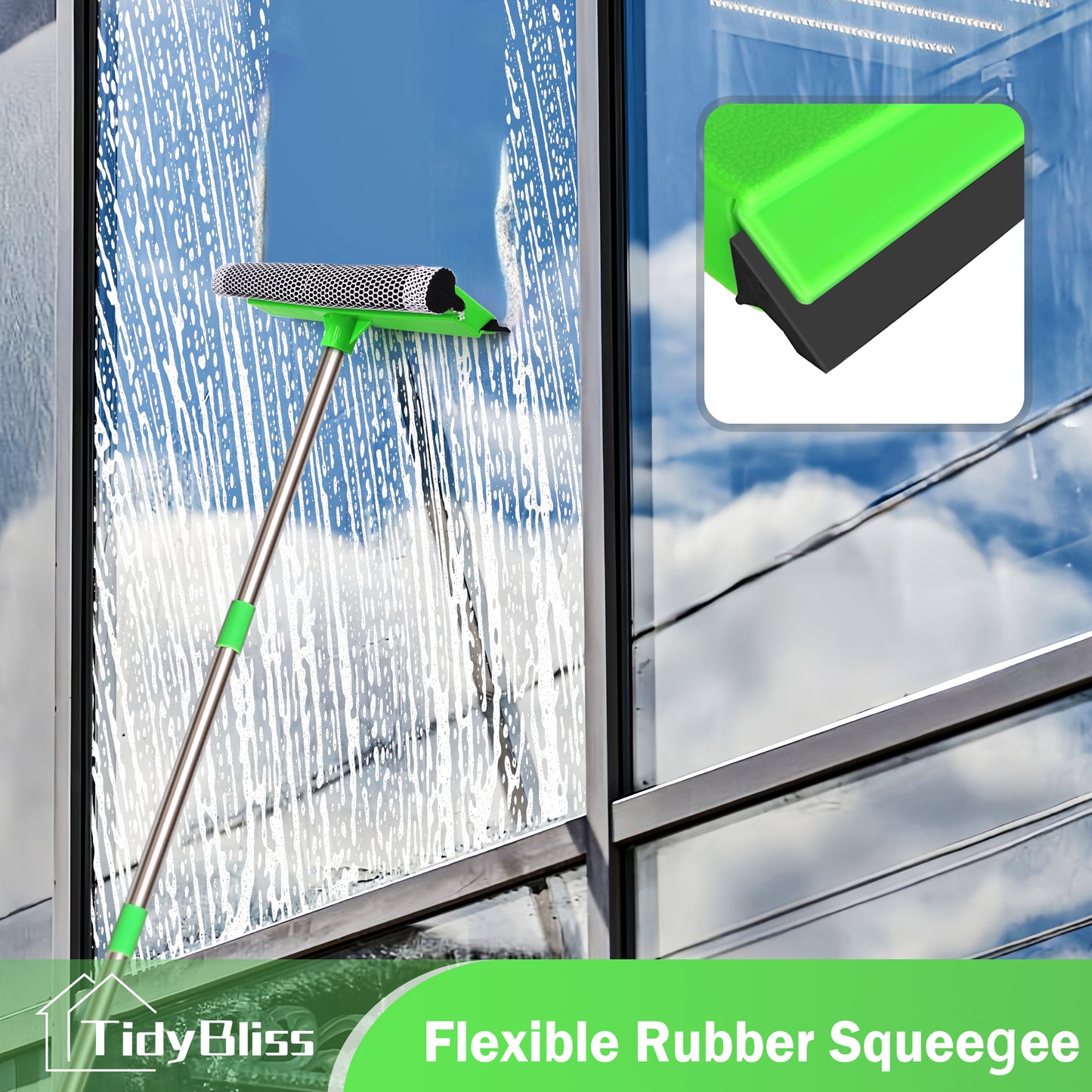 TidyBliss Window Squeegee for Home with Extension Pole 56" (Green)