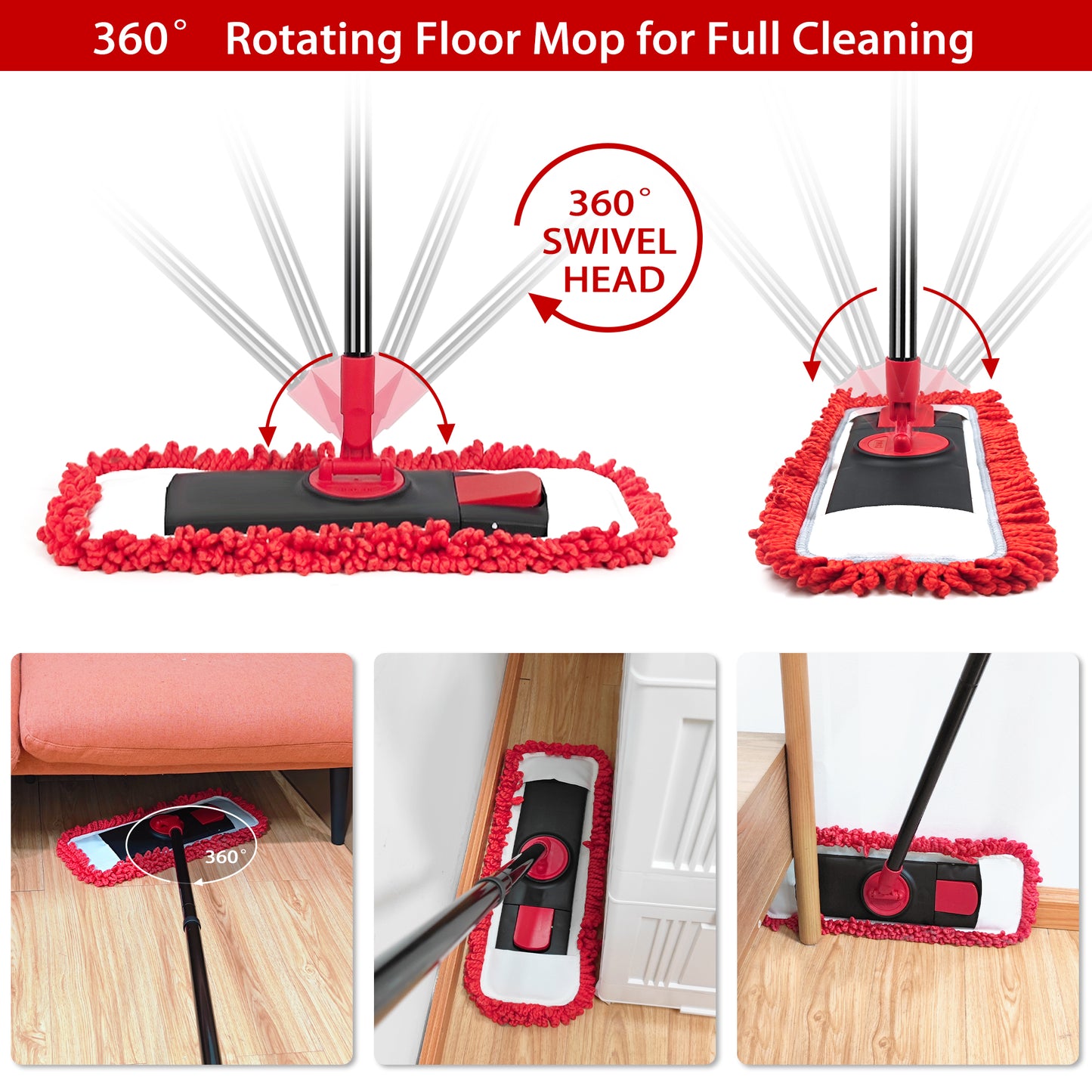 JEHONN Flat Floor Mop, Dry Wet Dust Mops with Microfiber & Chenille Pads for Hard Wood Laminate Tile Vinyl Kitchen Bathroom Home (Red)