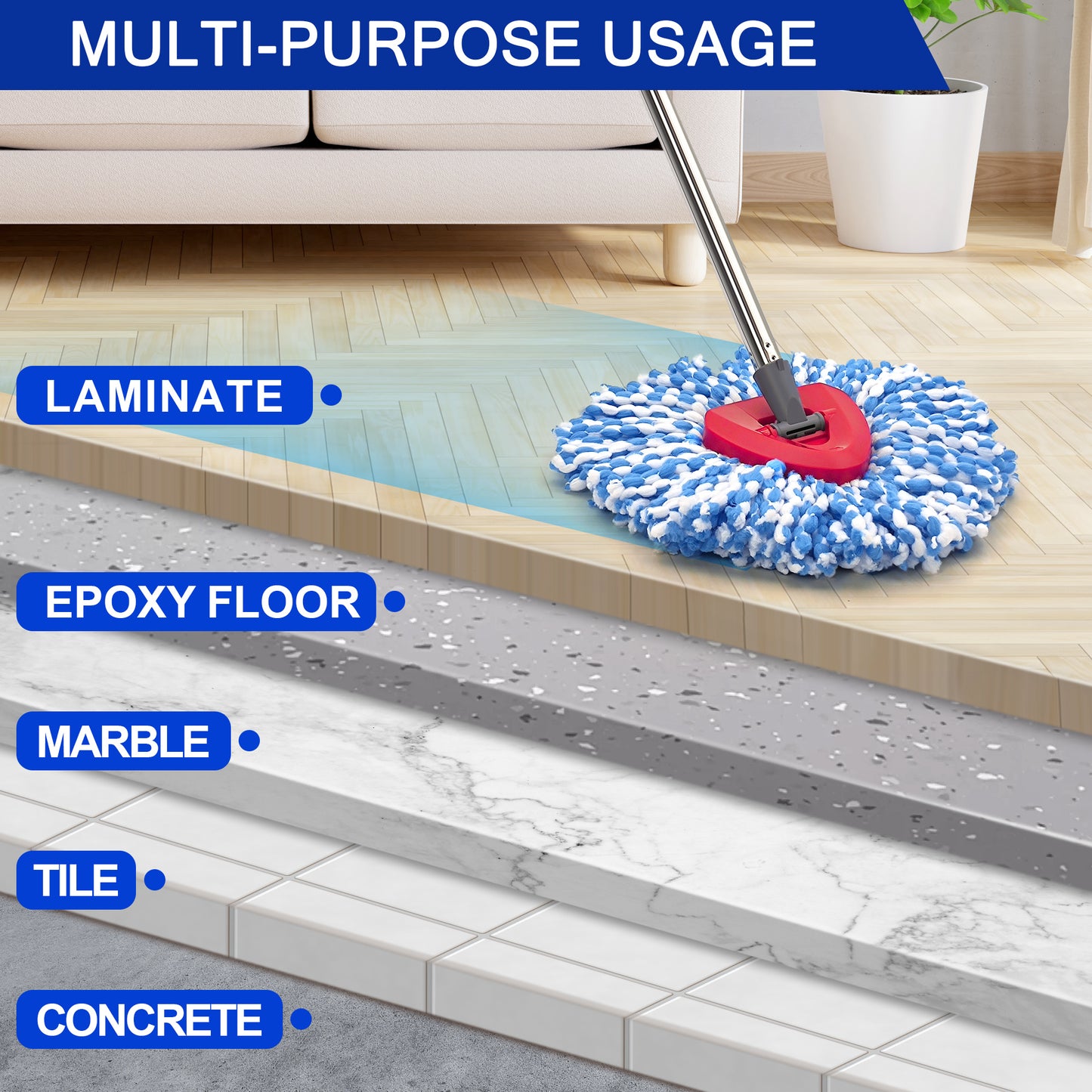 JEHONN Spin Mop Replacement Heads 2 Packs with Triangle Base and 1 Scrub Brush (Blue)