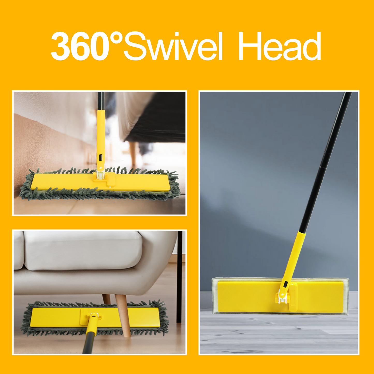 NEWE Dust Mop with Unique 90° Foldable Panel, 52 inches Long Handle Wet Dry Flat Floor Duster Broom with 2 Microfiber and 2 Chenille Pads for Hardwood, Stairs, Vinyl, Tile, Laminate (Yellow)