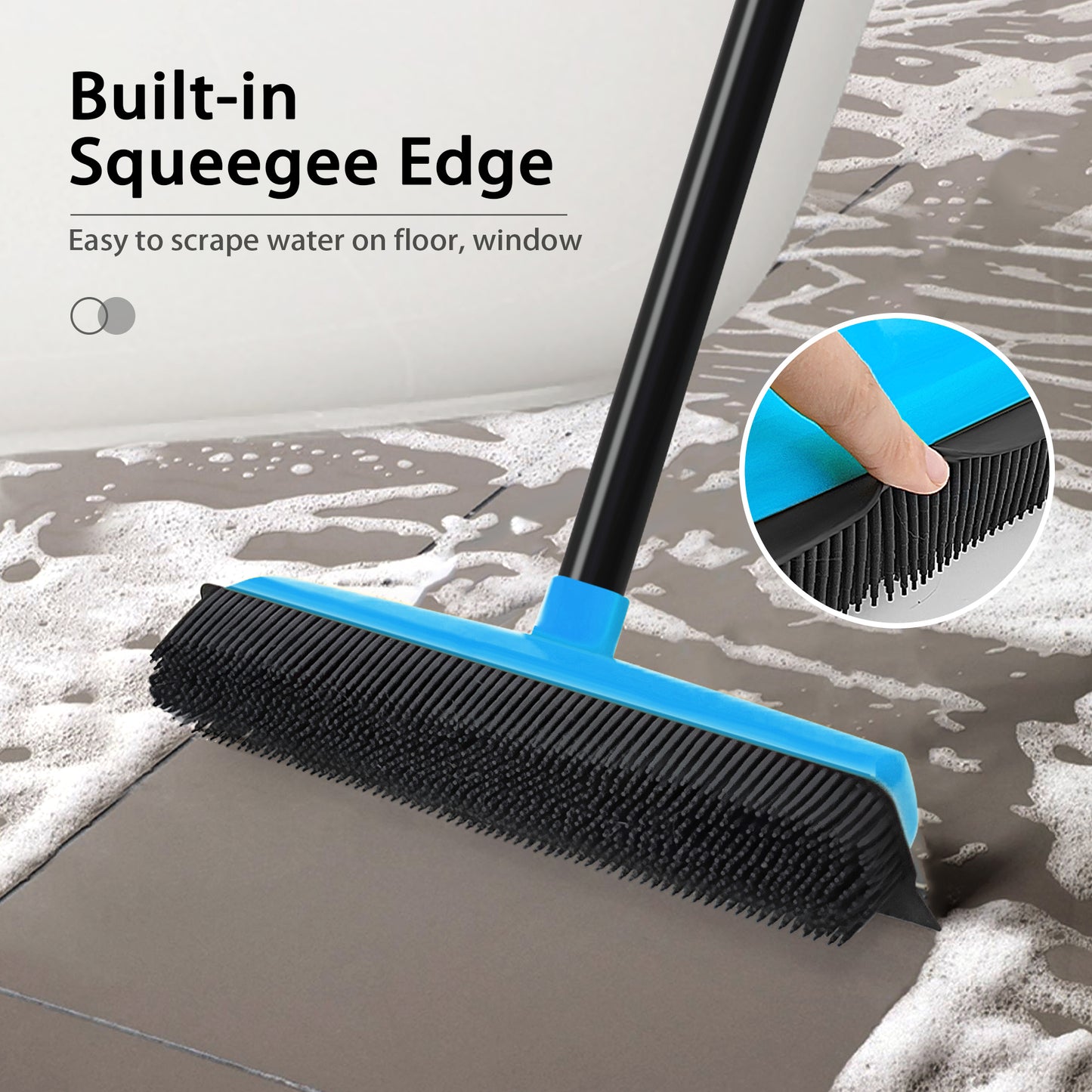 JEHONN Rubber Broom Carpet Rake Brush for Pet Hair with Squeegee (Blue)