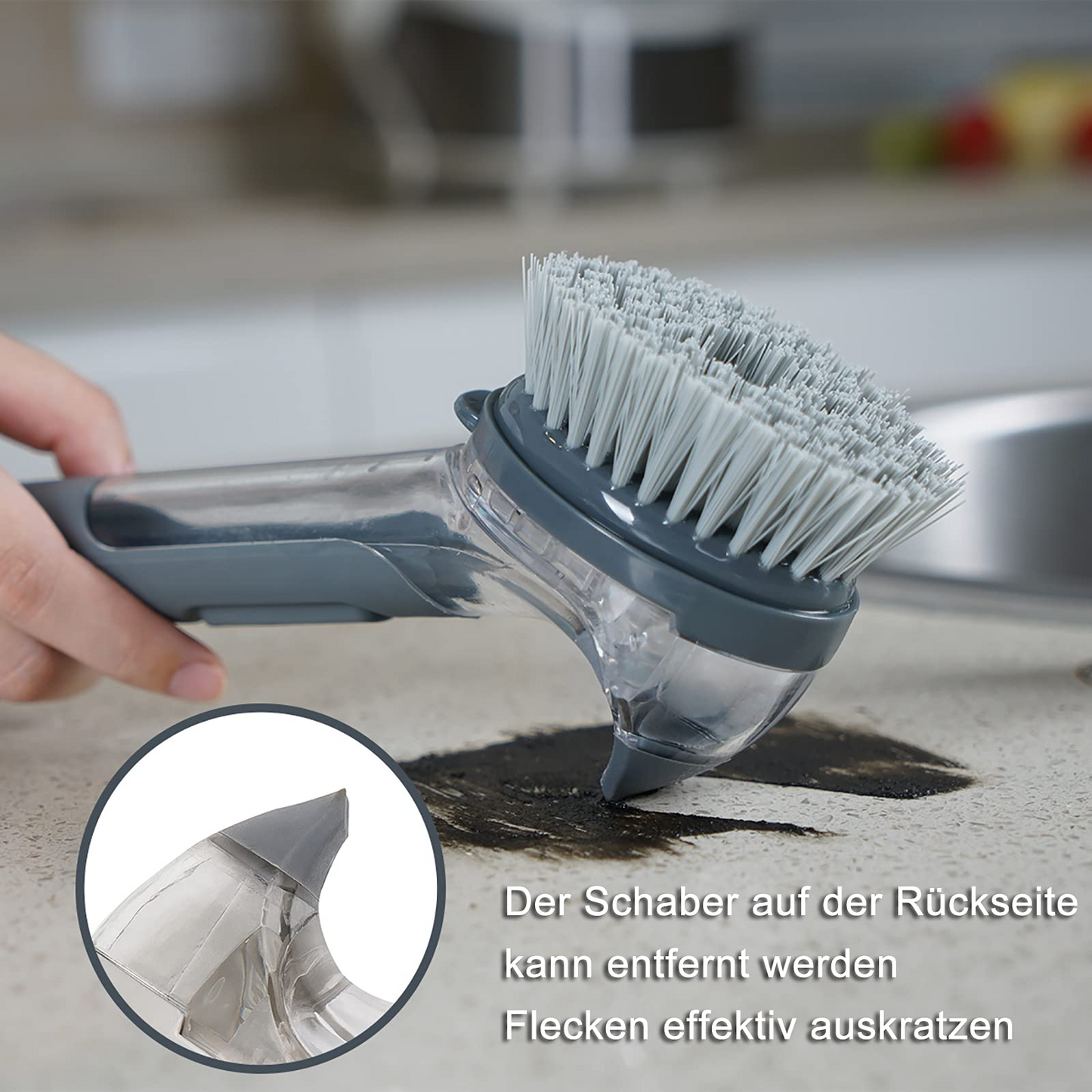 JEHONN Dish Brush with Handle, Dish Scrubber with Soap Dispenser Kitchen Brush for Pot Pan Sink and 2 Sponge Refill