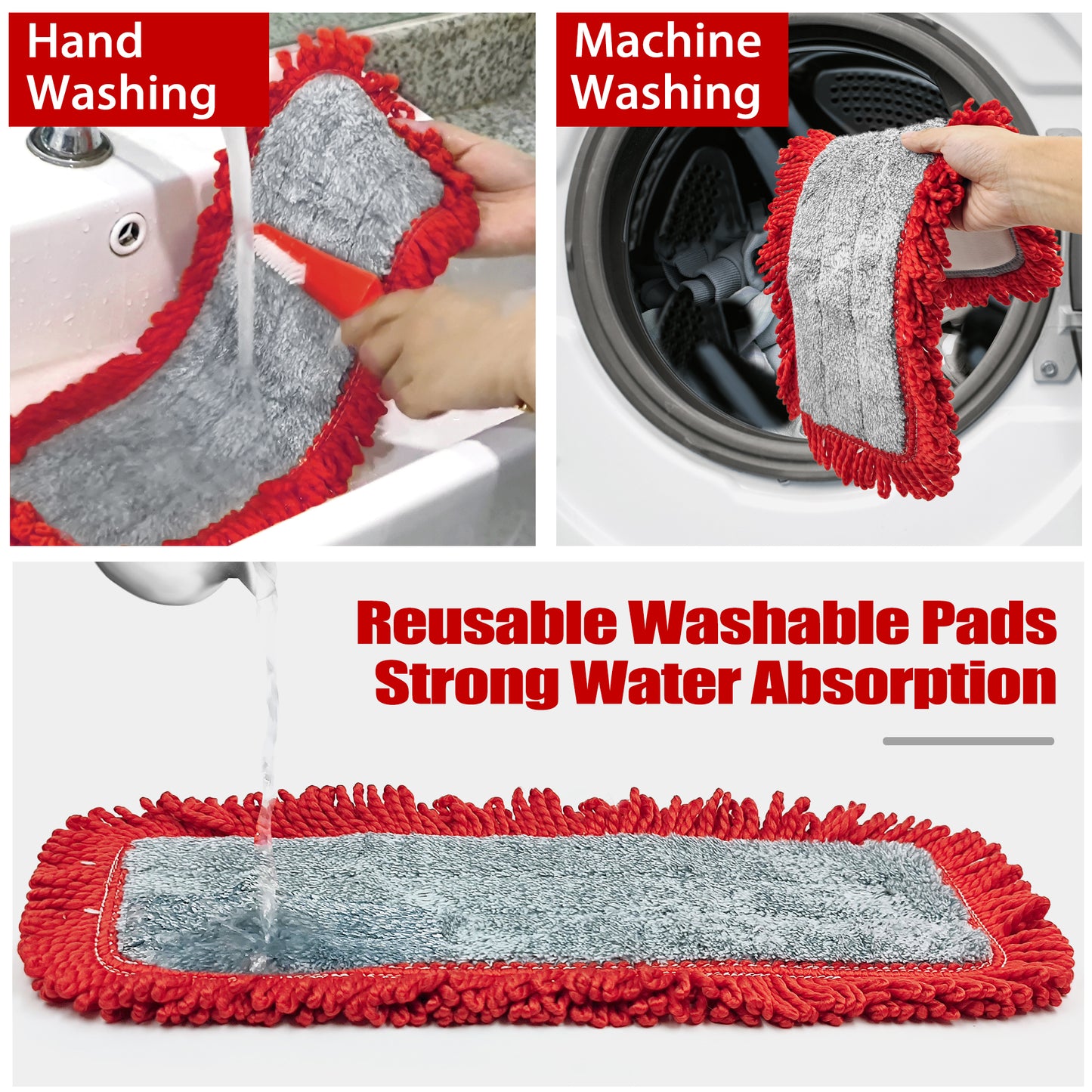 JEHONN Flat Floor Mop, Dry Wet Dust Mops with Microfiber & Chenille Pads for Hard Wood Laminate Tile Vinyl Kitchen Bathroom Home (Red)
