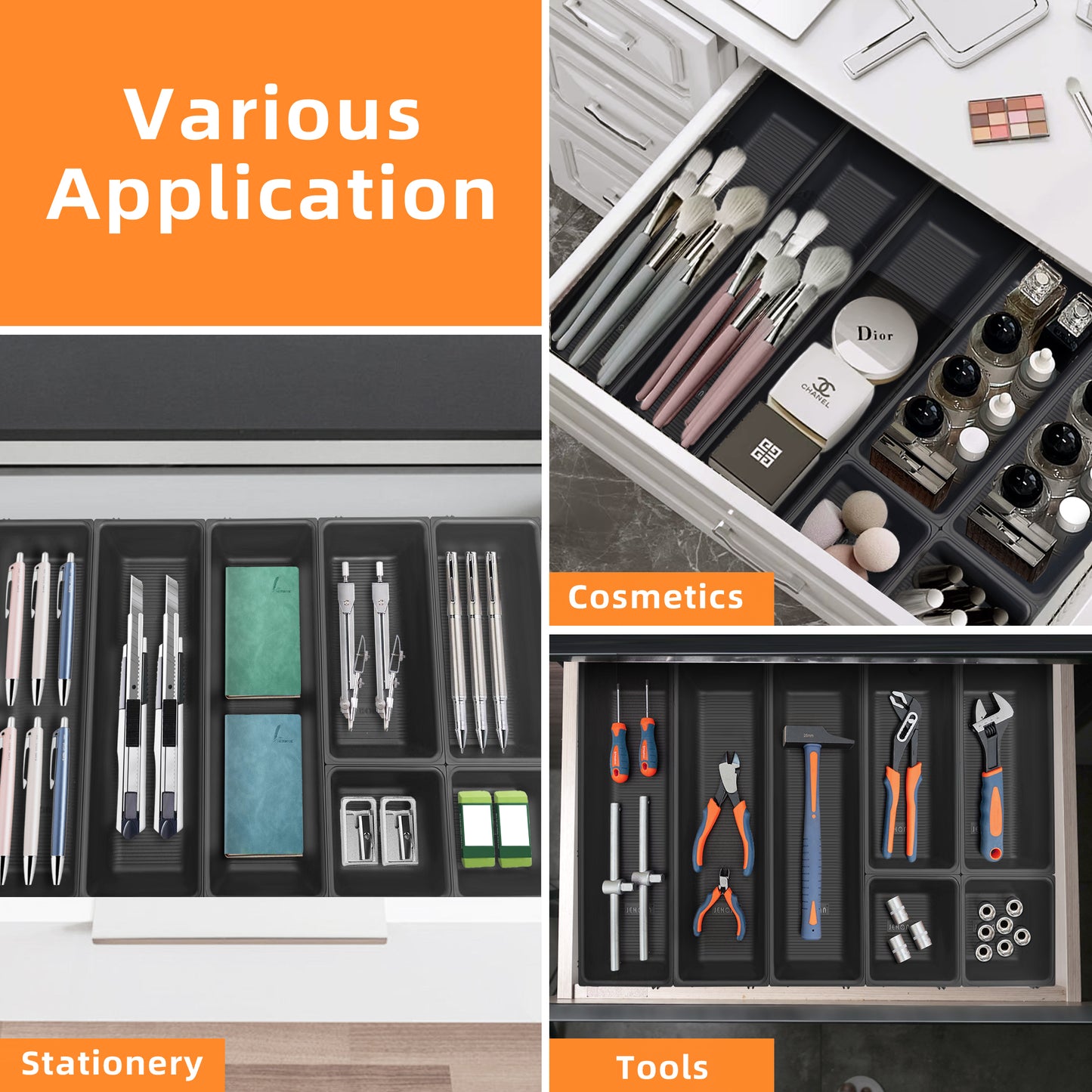 JEHONN Drawer Organizer for Kitchen Fork and Knife Black