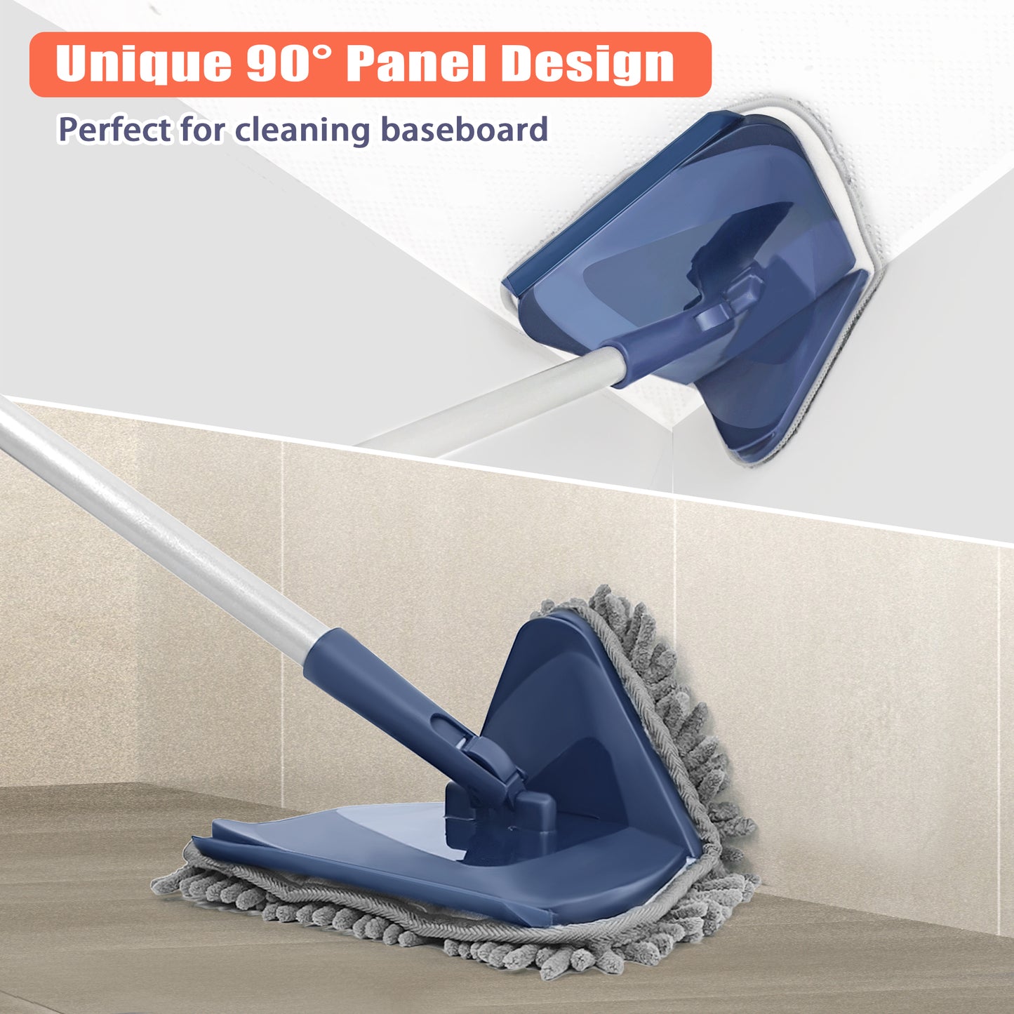 JEHONN Triangle Wall Mop Dusters with 6 Replacement Microfiber Chenille Pads (Blue)