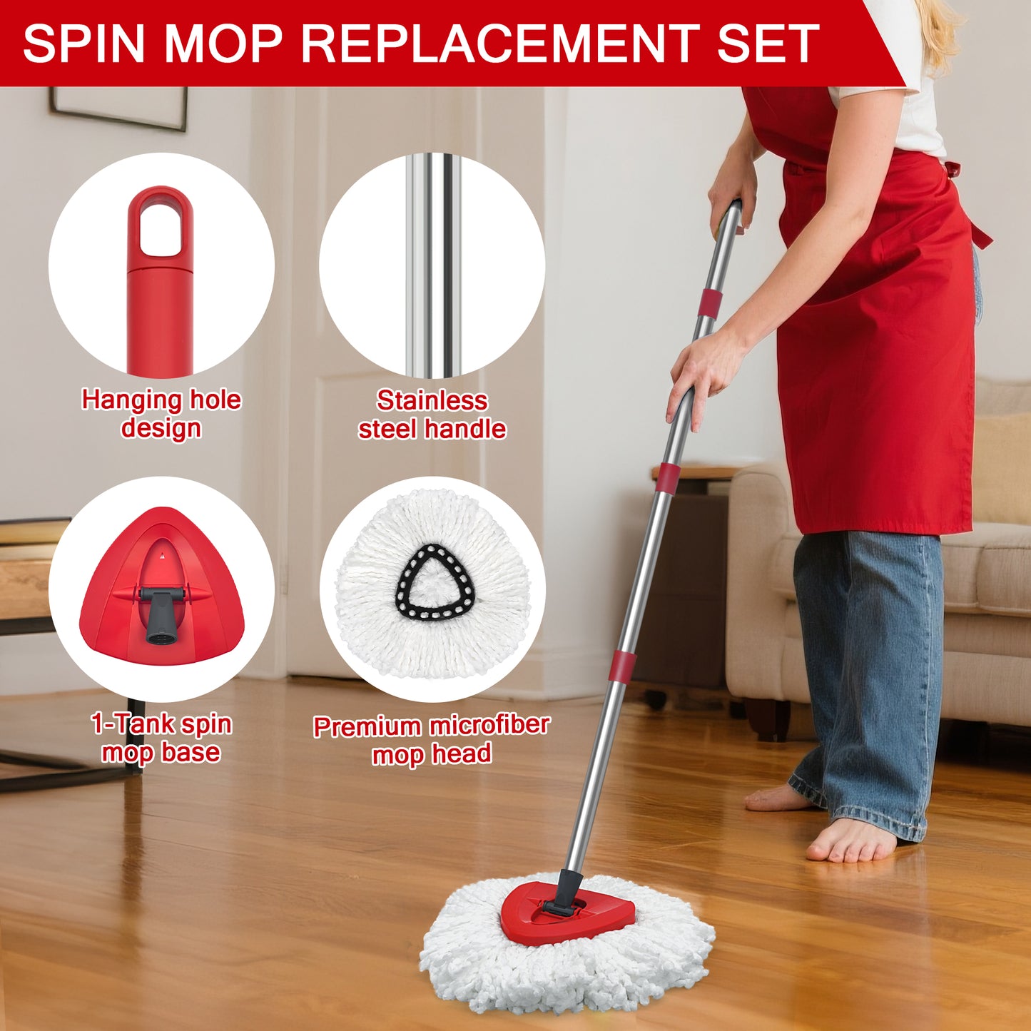 JEHONN Spin Mop Replacement Heads 2 Packs with Triangle Base and 58 inches Long Handle