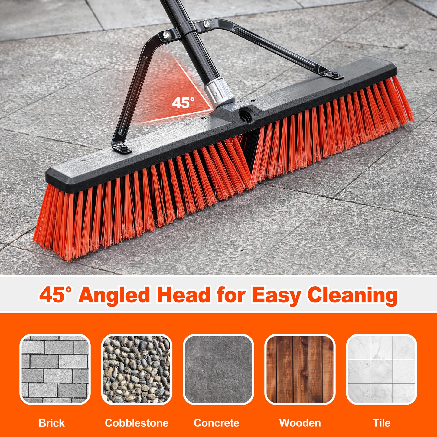 JEHONN 24” Wide Push Broom Outdoor Heavy Duty with 63 inches Long Handle (Red)