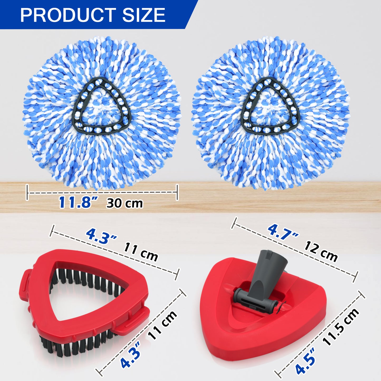 JEHONN Spin Mop Replacement Heads 2 Packs with Triangle Base and 1 Scrub Brush (Blue)
