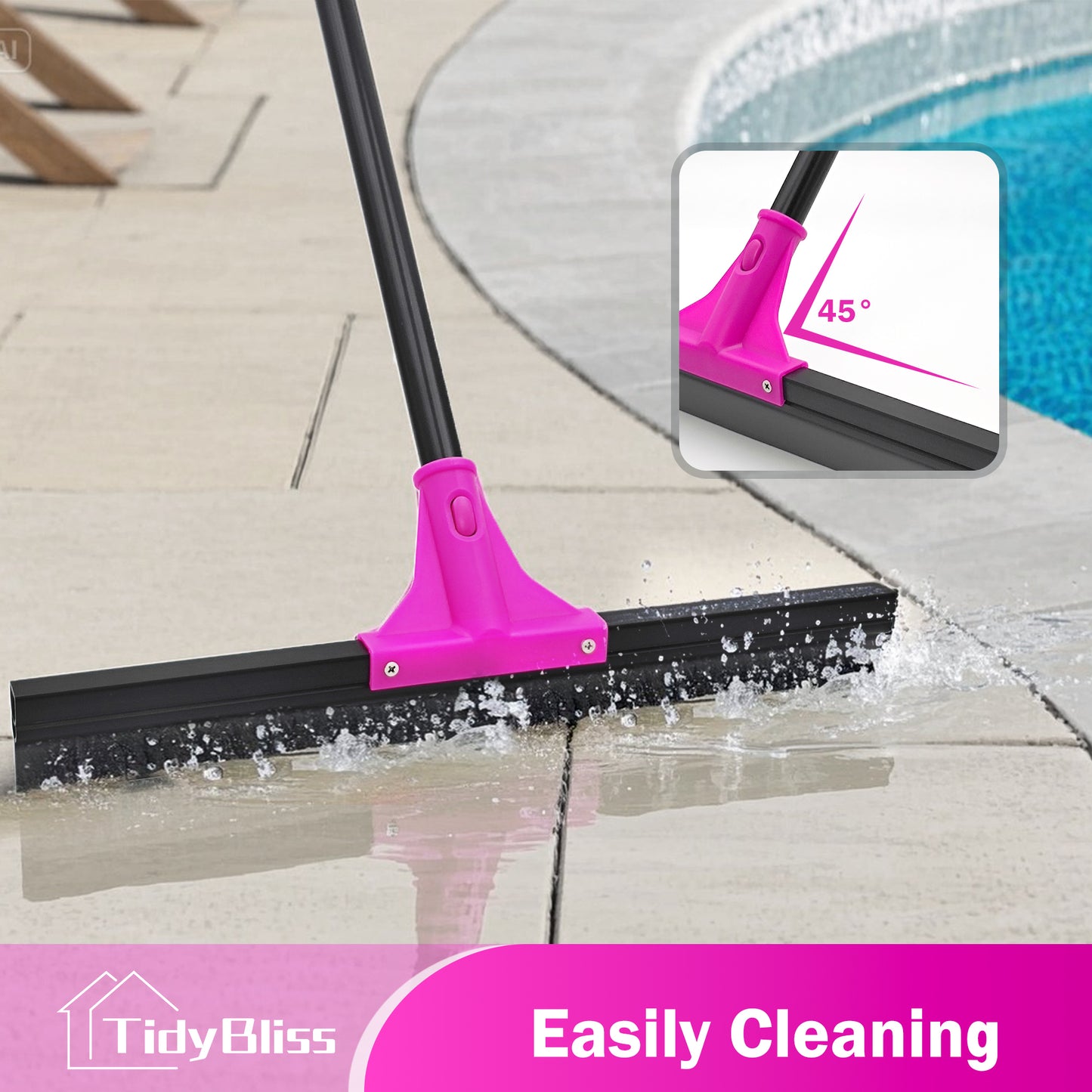 TidyBliss Floor Squeegee Broom with 58.3 inches Long Handle (Rose Red)