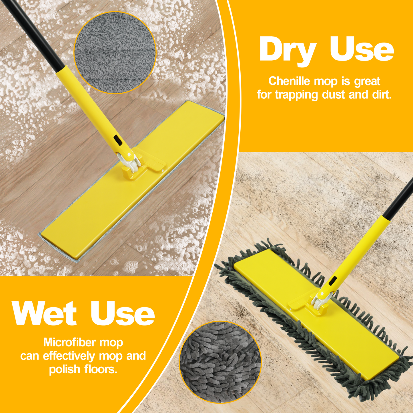 NEWE Dust Mop with Unique 90° Foldable Panel, 52 inches Long Handle Wet Dry Flat Floor Duster Broom with 2 Microfiber and 2 Chenille Pads for Hardwood, Stairs, Vinyl, Tile, Laminate (Yellow)