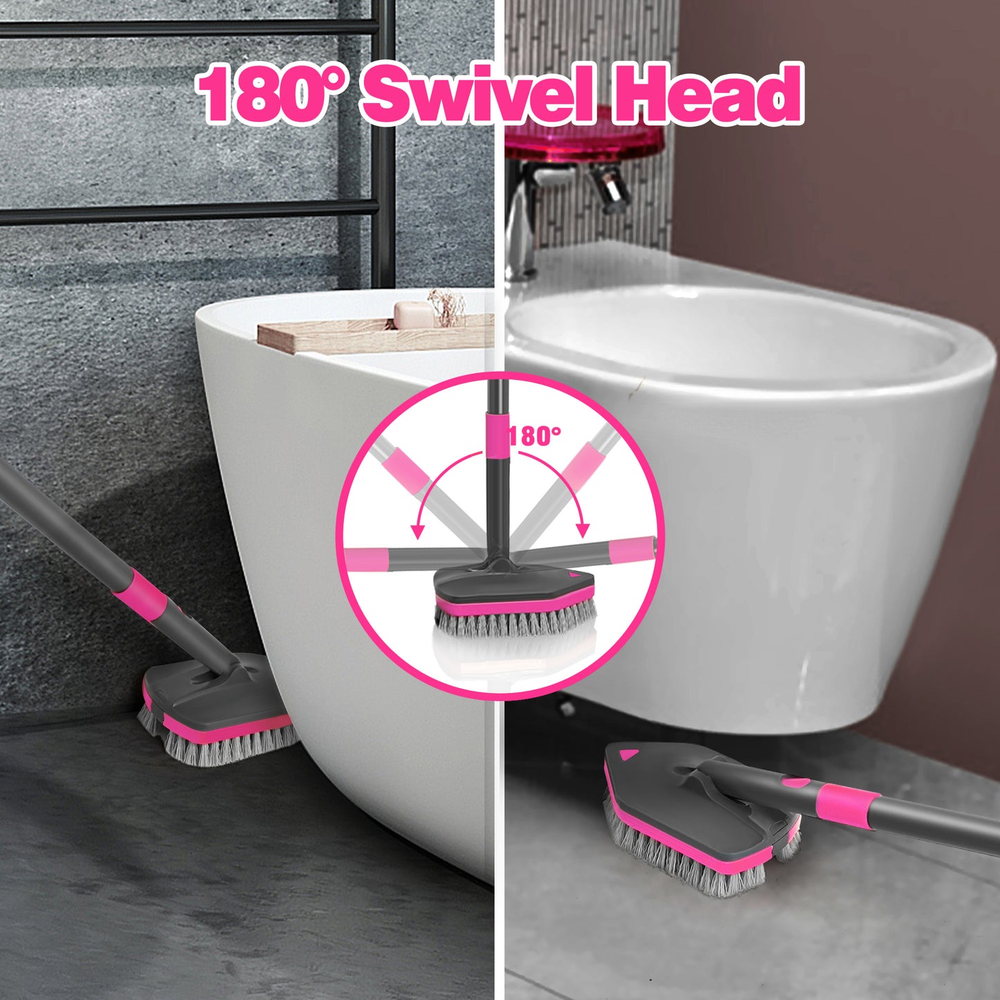NEWE Shower Cleaner Brush, Tub Tile Scrubber with Telescopic Long Handle 60 inches, 4 Scrub Heads for Cleaning Bathroom Bathtub Floor Baseboard Sink Kitchen Toilet (Grey Red)