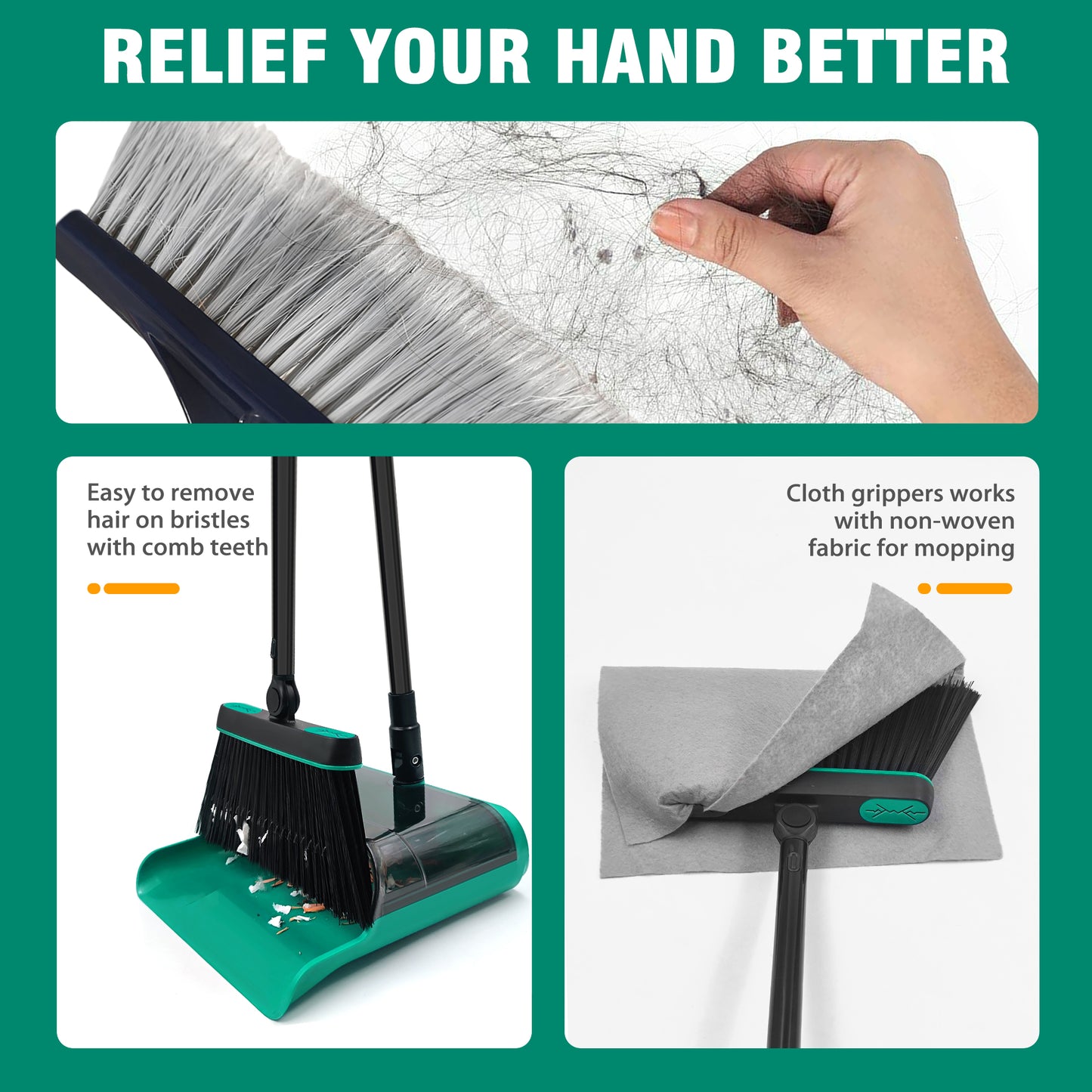 JEHONN Dustpan and Broom Set with 53.5 inches Long Handle Transparent Cover Green