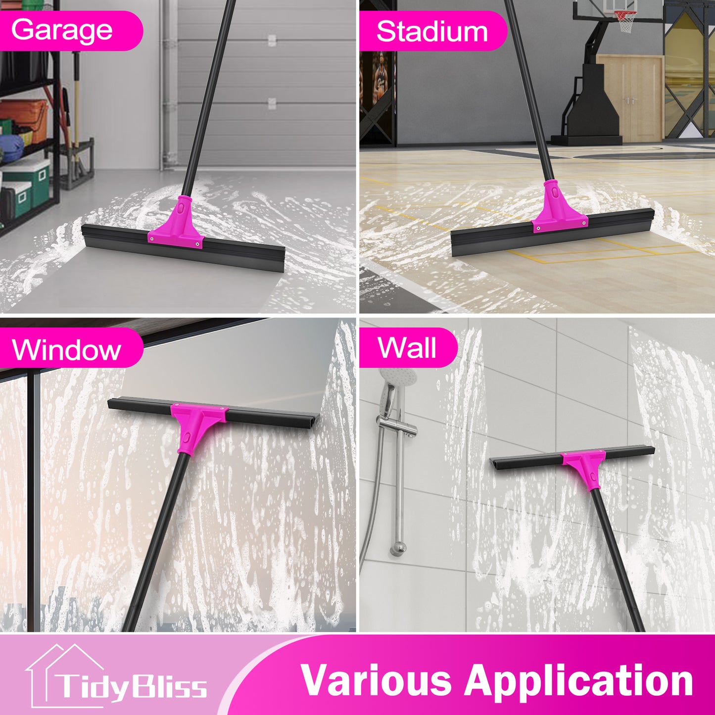 TidyBliss Floor Squeegee Broom with 58.3 inches Long Handle (Rose Red)