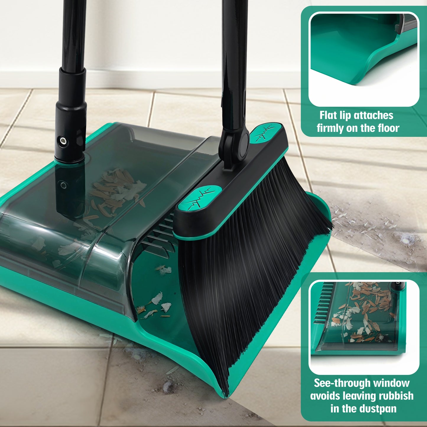 JEHONN Dustpan and Broom Set with 53.5 inches Long Handle Transparent Cover Green