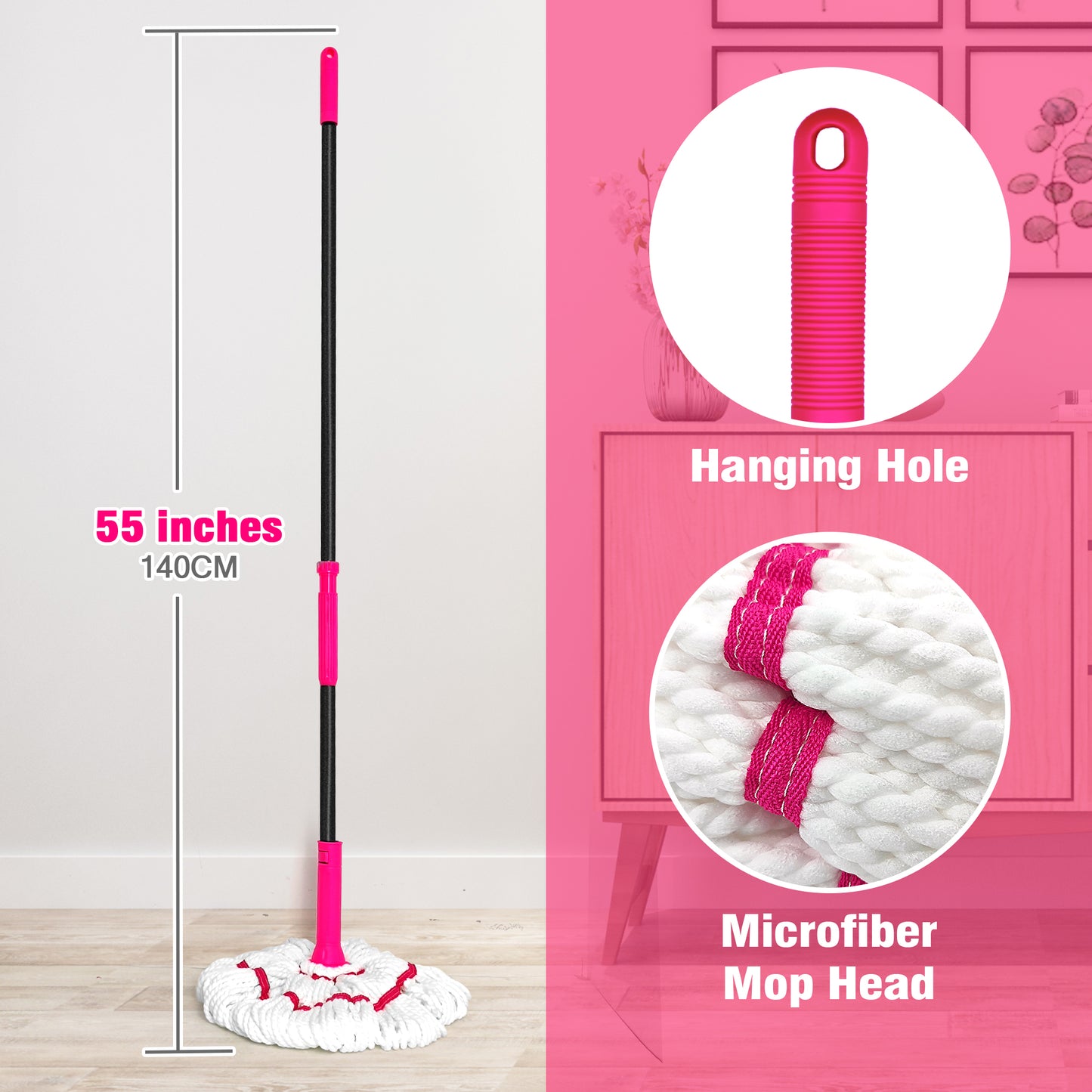 NEWE Self Wringing Twist Mop 55 inches Long Handle Rose Red
