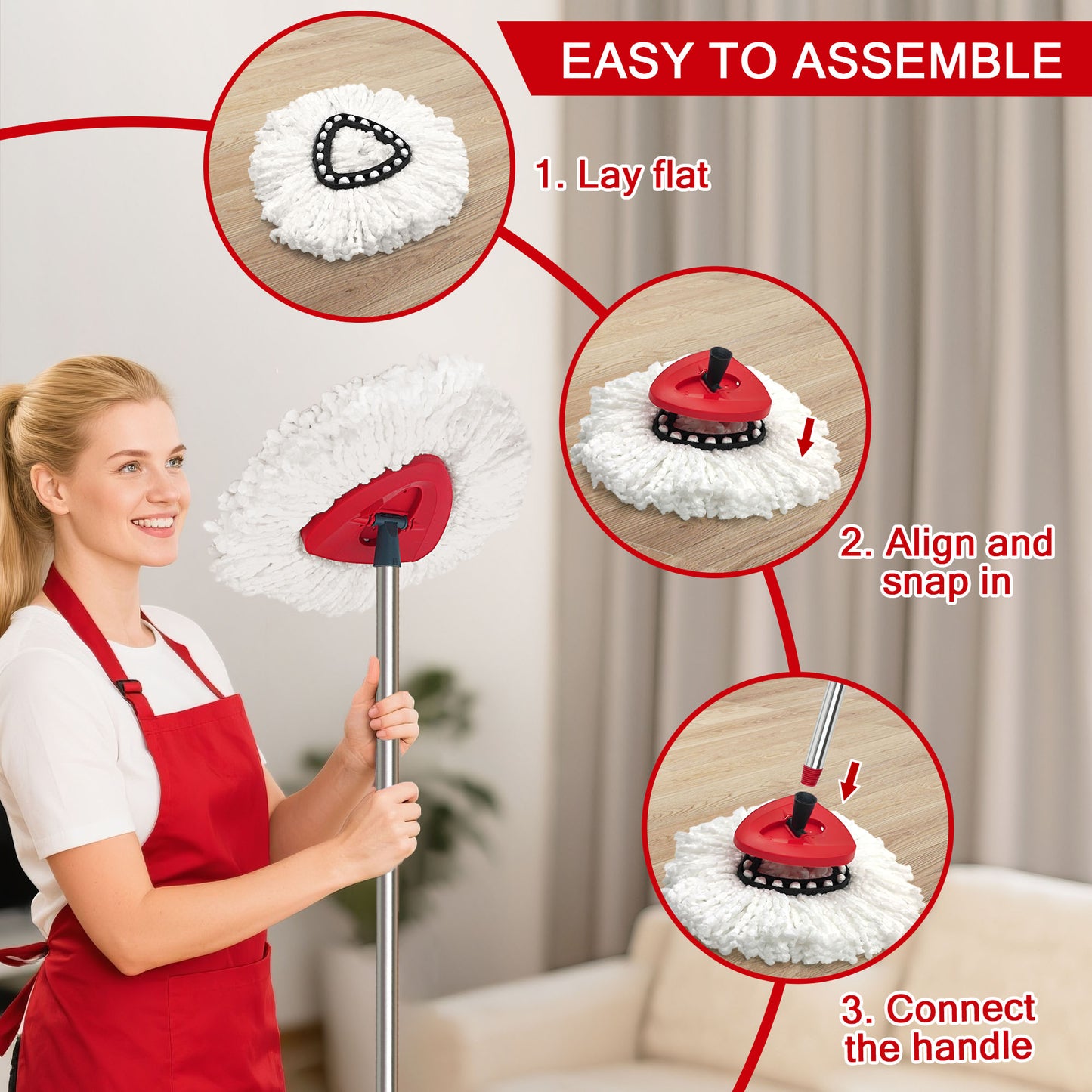 JEHONN Spin Mop Replacement Heads 2 Packs with Triangle Base and 58 inches Long Handle