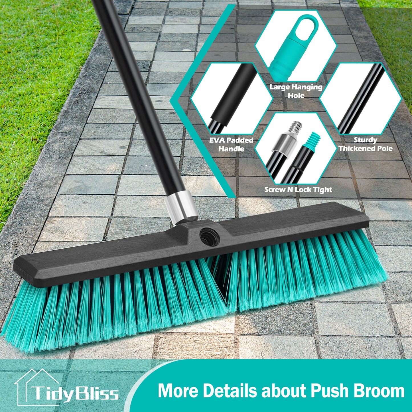 TidyBliss 18” Push Broom Outdoor Heavy Duty with 63 inches Long Handle