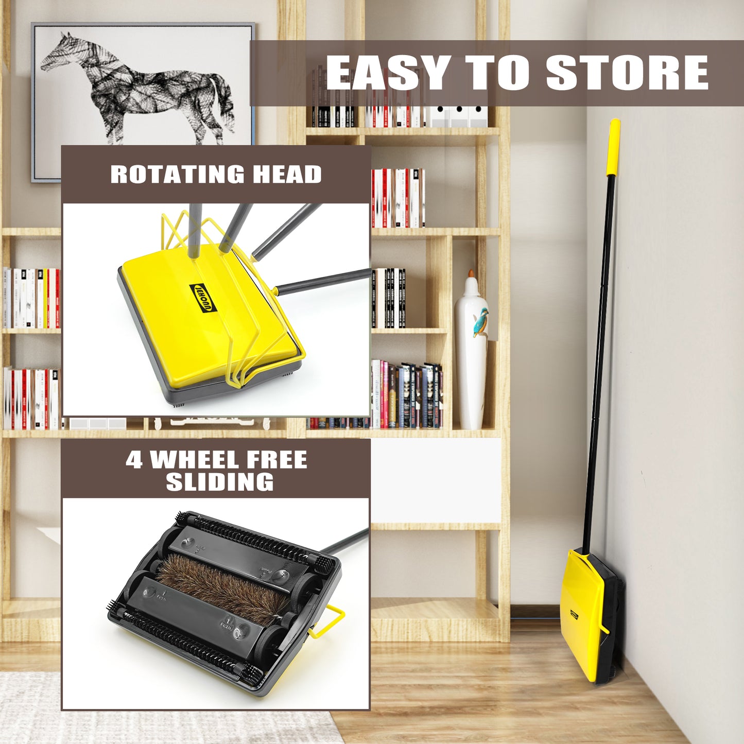 JEHONN Carpet Sweeper Manual with Horsehair, Non Electric Quite Floor Rug Roller Brush Push for Cleaning Pet Hair, Loose Debris, Lint (Yellow)