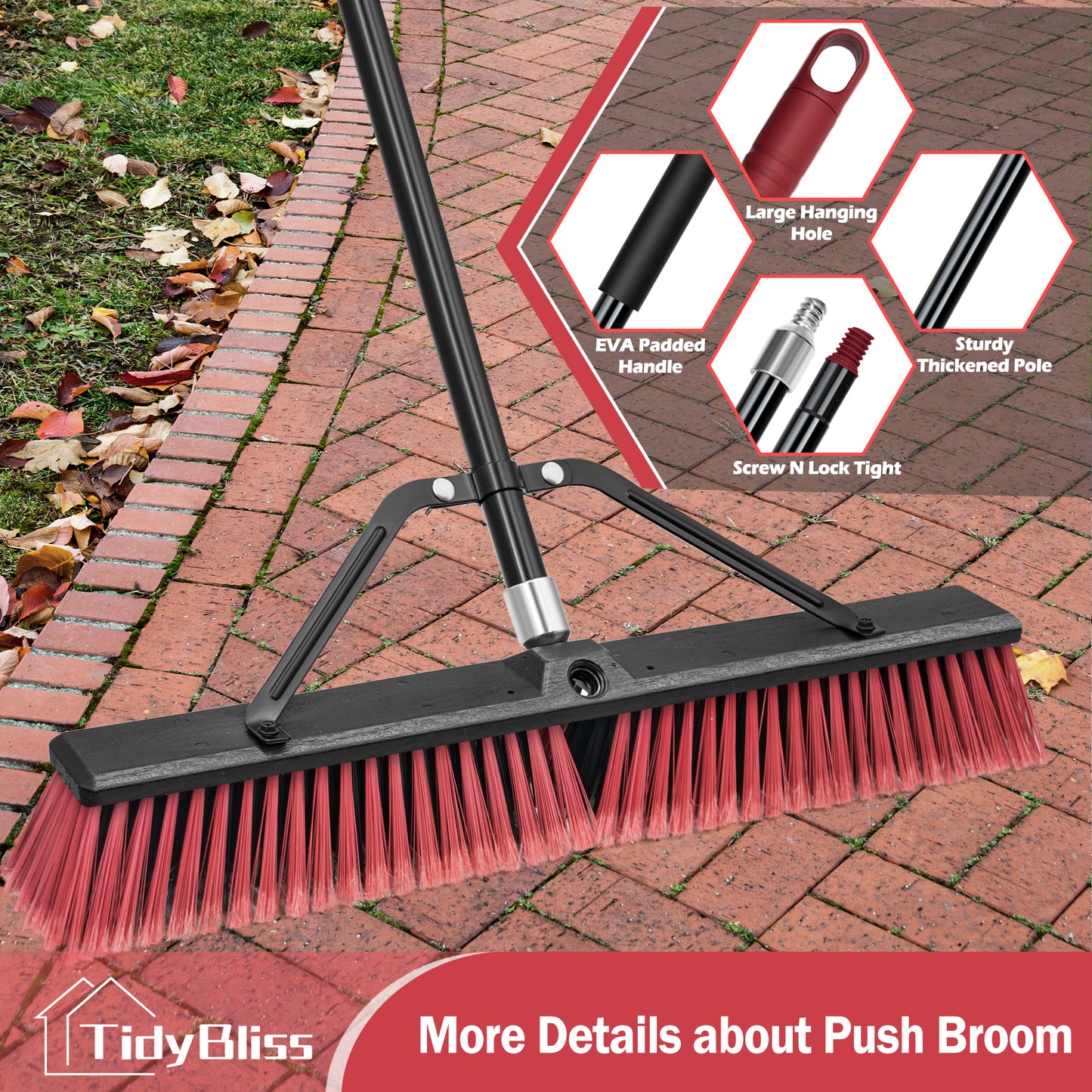 TidyBliss 24" Push Broom Outdoor Heavy Duty with 63 inches Long Handle (Red)