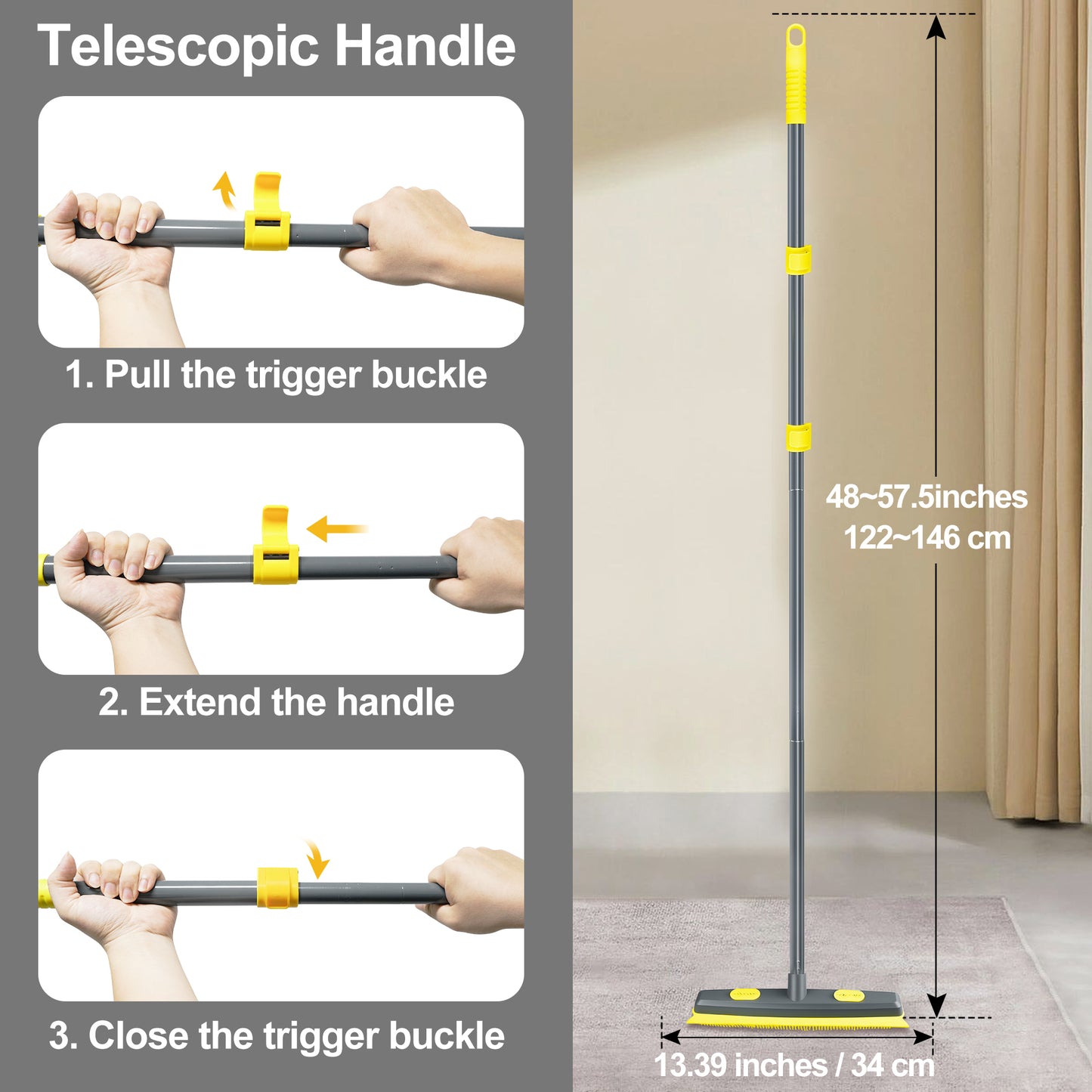 NEWE Rubber Pet Hair Removal Broom with Lint Fur Remover Tool, 57.5 inches Long Handle Silicone Carpet Brush Rake with Built-in Squeegee for Cleaning Rug, Tile, Floor (Gray Yellow)