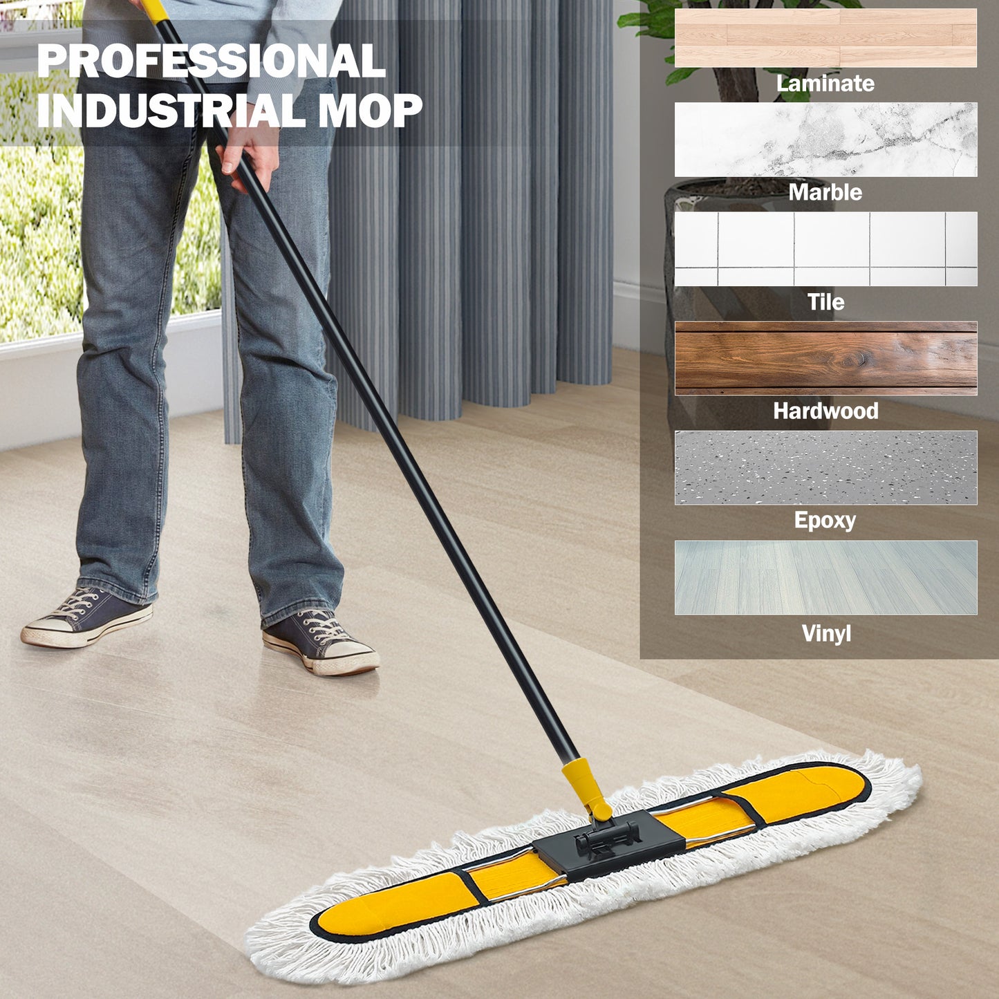 NEWE 24” Commercial Dust Mop, Large Dry Dust Push Broom Indoor, Wide Floor Duster for Laminate, Hardwood, Tile, Marble (Yellow)