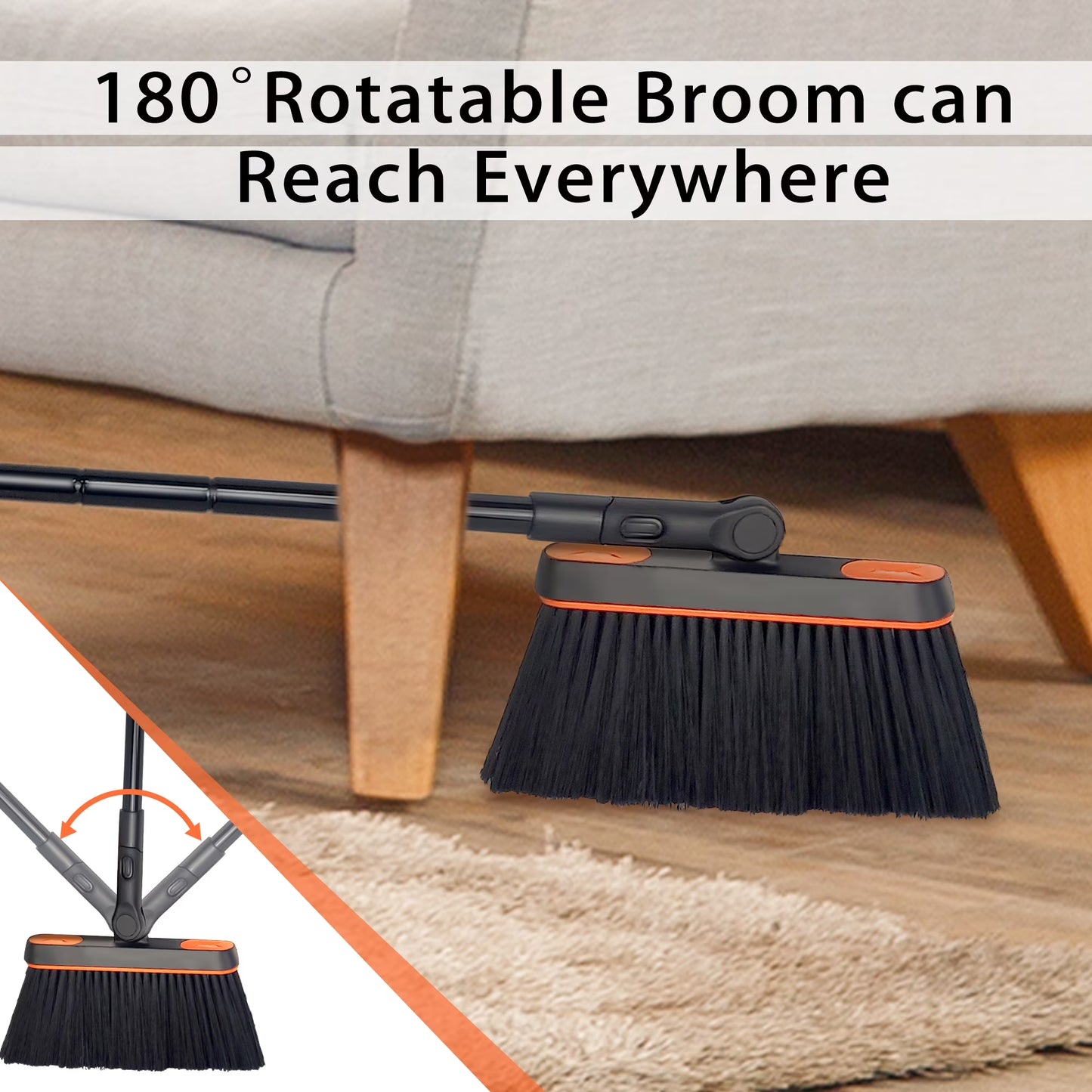 JEHONN 54 inches Long Handle Broom and Dustpan Set for Home (Black Orange)